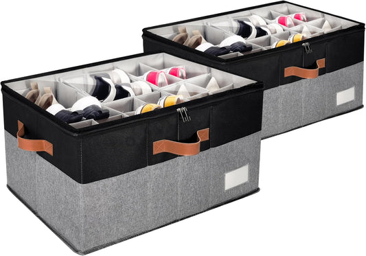 2 Pack Shoe Organizer for Closet, Adjustable Shoe Box Storage Containers, Large Foldable Shoe Bins