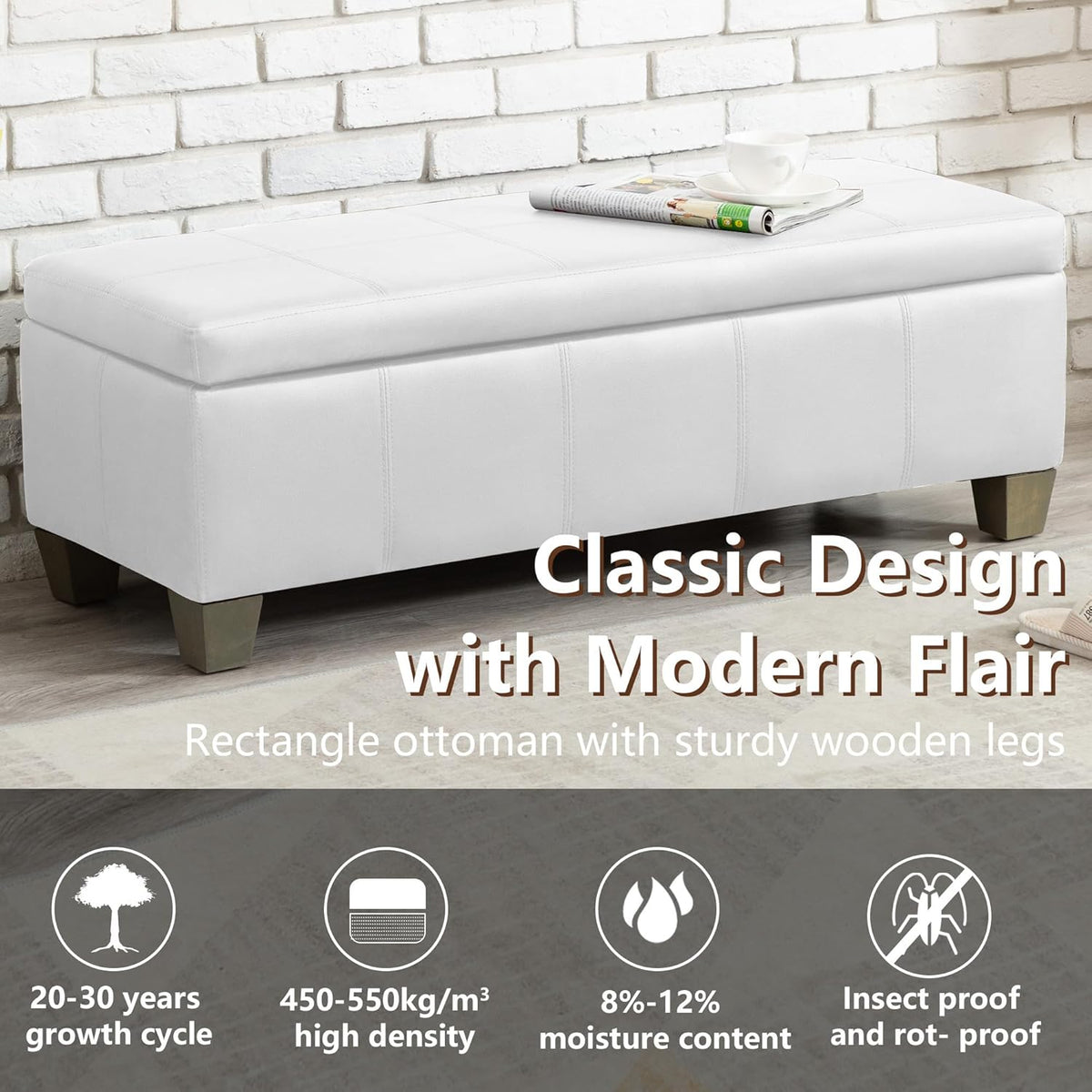 51 Inch Faux Leather Ottoman with Storage, End of Bed Bench with Large Storage, Rectangular Extra