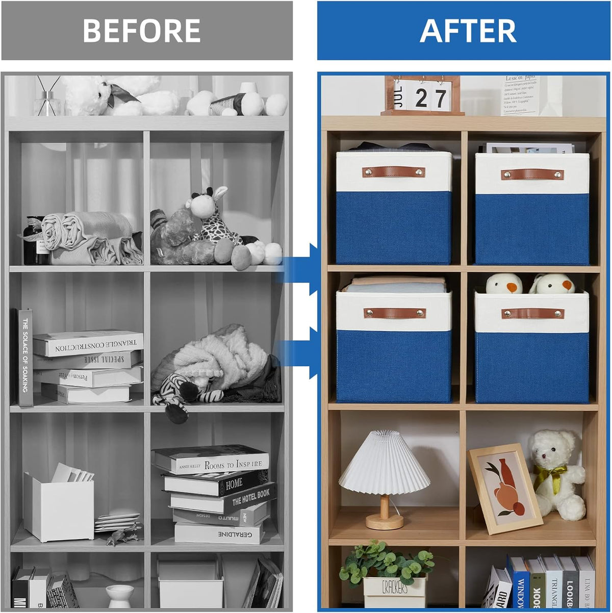 Temary 11 Storage Cube Bins for Shelves, Closet - 4 Pack Fabric Baskets With Leather Handles (White