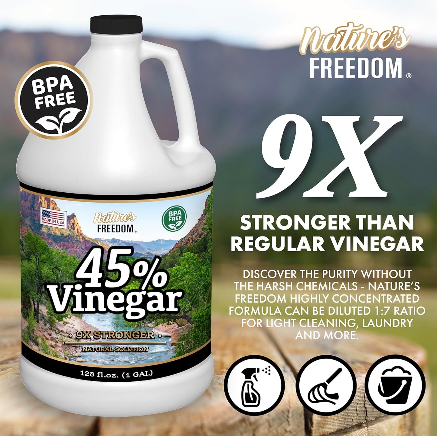 Nature's Freedom 45% Concentrated Vinegar, 1 Gallon - Dilutes to 9 Gallons - 9x Strength