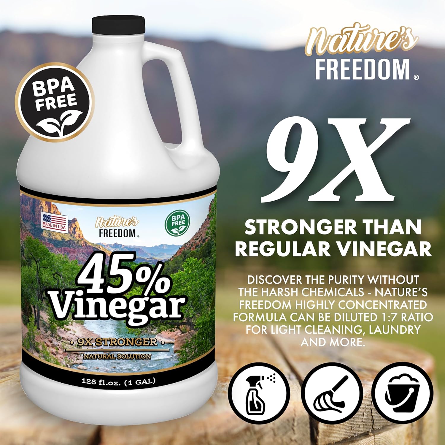 Nature's Freedom 45% Concentrated Vinegar, 1 Gallon - Dilutes to 9 Gallons - 9x Strength