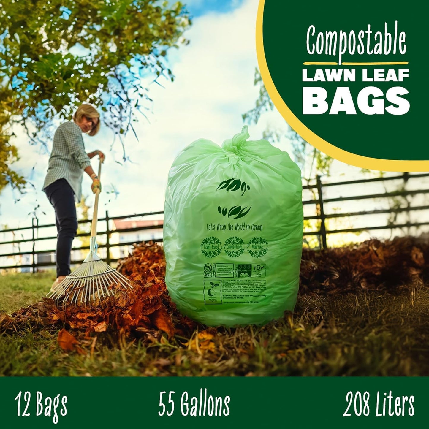 50-55 Gallon Compost Bags, Heavy Duty Compostable Trash Bags, 1.57 Mil Extra Thick Biodegradable