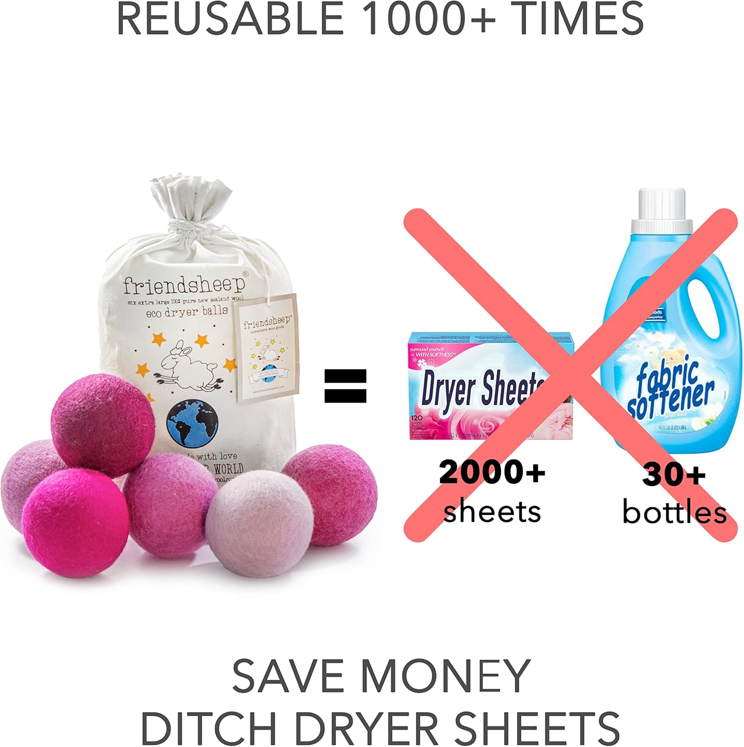 Friendsheep Wool Dryer Balls 6 Pack XL Organic Premium Reusable Cruelty Free Handmade Fair Trade No