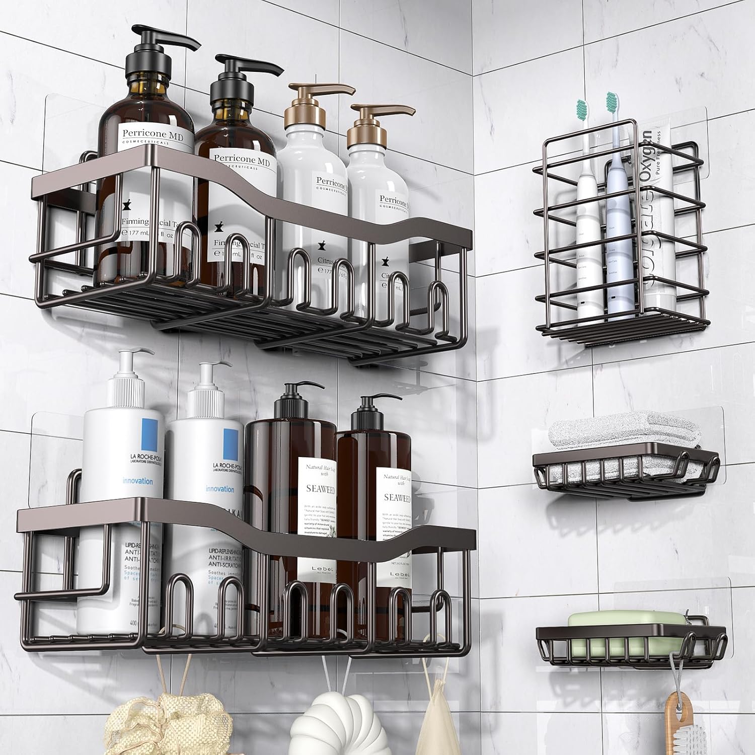 EUDELE 5-Pack Rustproof Stainless Steel Shower Caddy – No Drill Adhesive Bathroom Organizer with