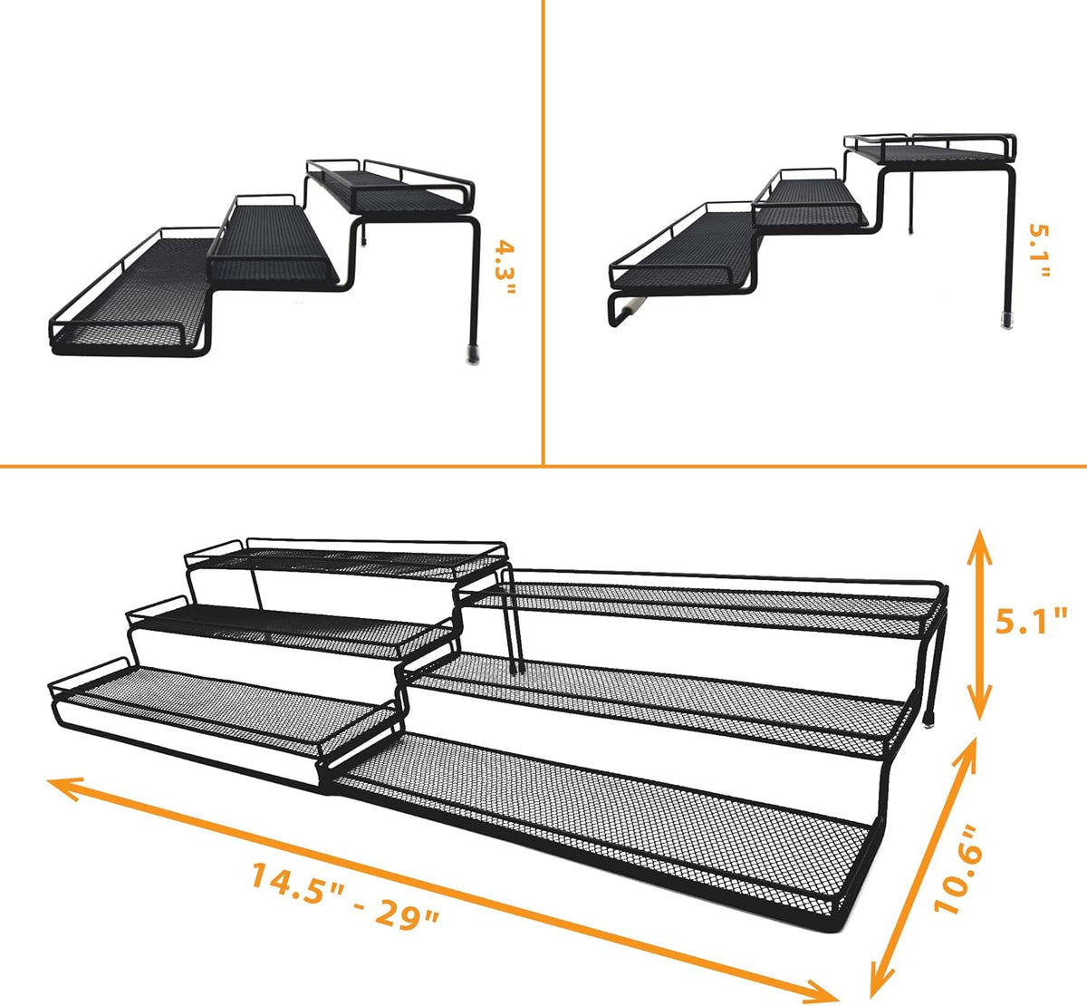 3 Tier Wide Expandable Cabinet Spice Rack Organizer (14.5" to 29.1") - Step Shelf with Protection