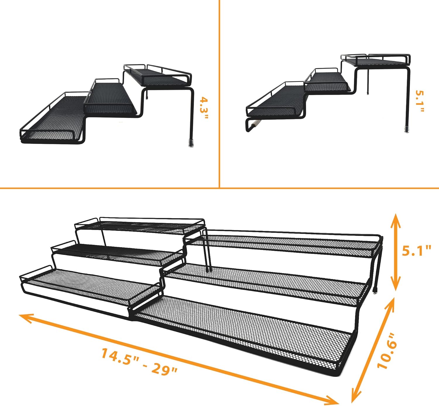 3 Tier Wide Expandable Cabinet Spice Rack Organizer (14.5" to 29.1") - Step Shelf with Protection
