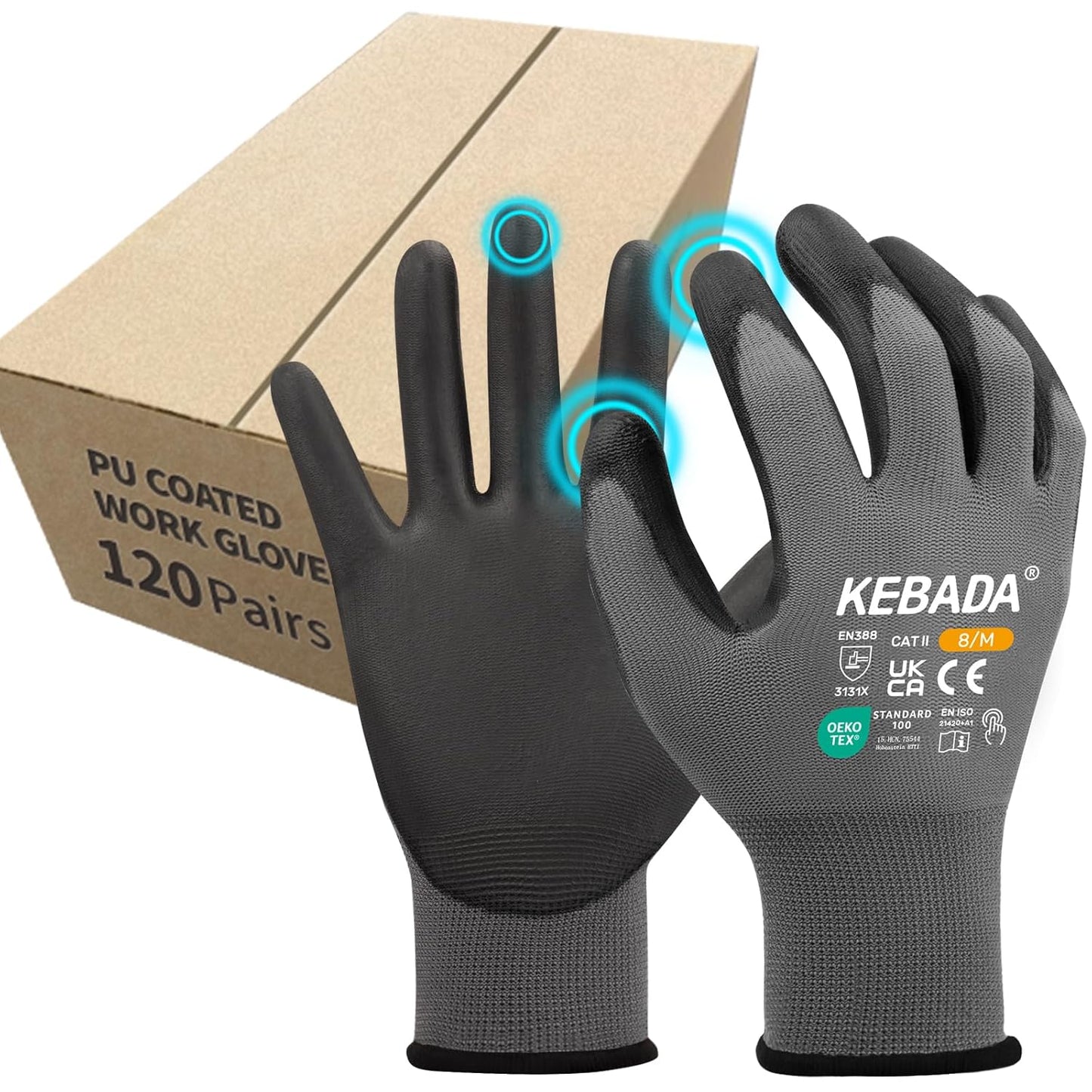 Kebada Safety Work Gloves,120 Pairs Bulk Pack, Touchscreen, PU Coated, Ideal for Warehouse