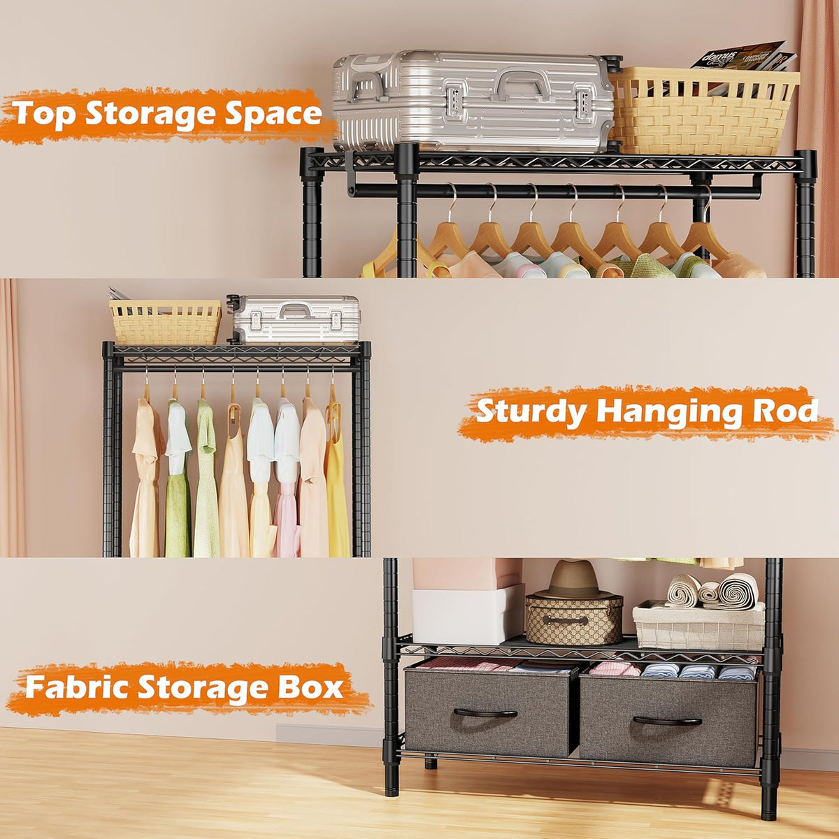 Heavy Duty Rolling Garment Rack 3 Tiers Adjustable Wire Shelving with Rod, Storage Closet Clothing