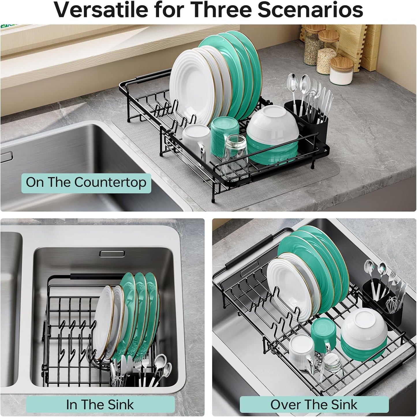 Dish Drying Rack in Sink - Expandable (14.5''-18''L) Over The Sink Dish Rack with Utensil Holder