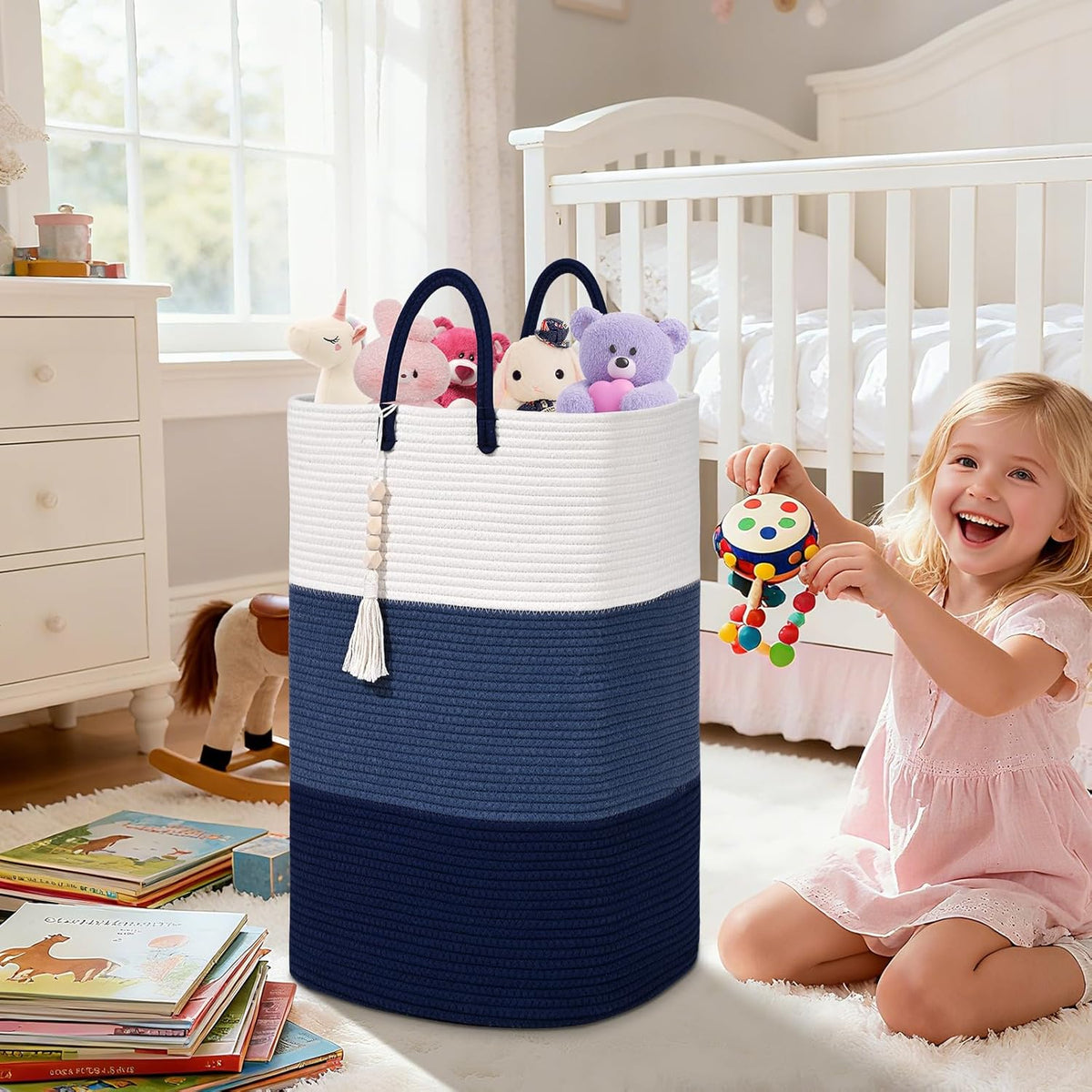 Woven Laundry Basket for Clothes,100 L Large Rectangle Laundry Hampers with Beads Tassel, Nursery