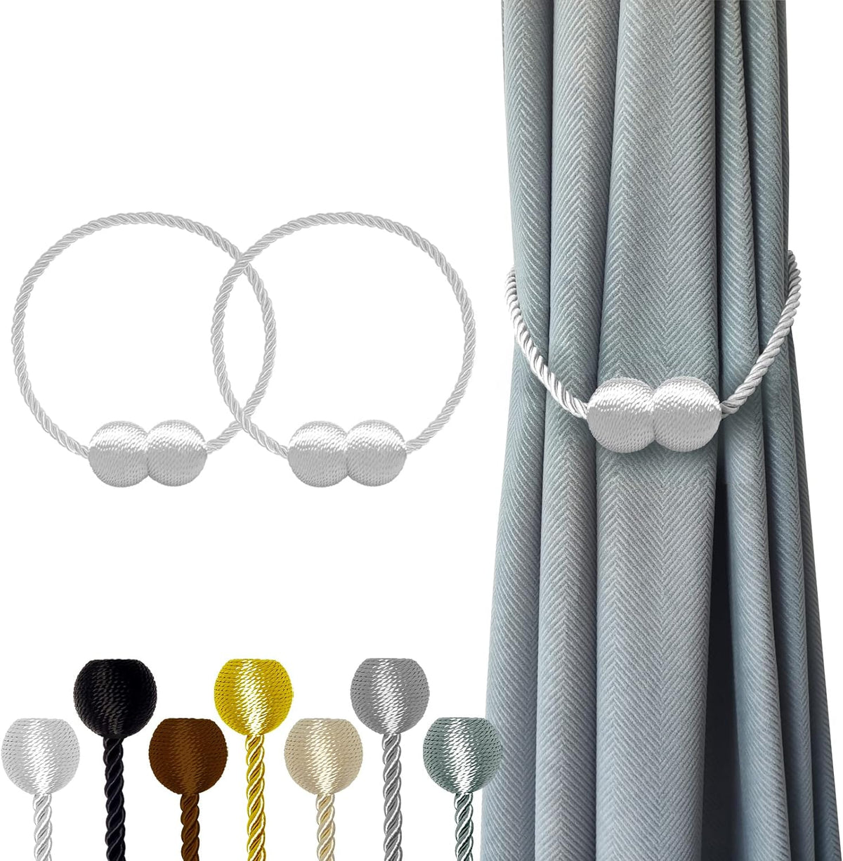 Hion Magnetic Curtain Tiebacks White 2pcs, Curtain Tiebacks Buckles Holdbacks Holders Hooks Clip