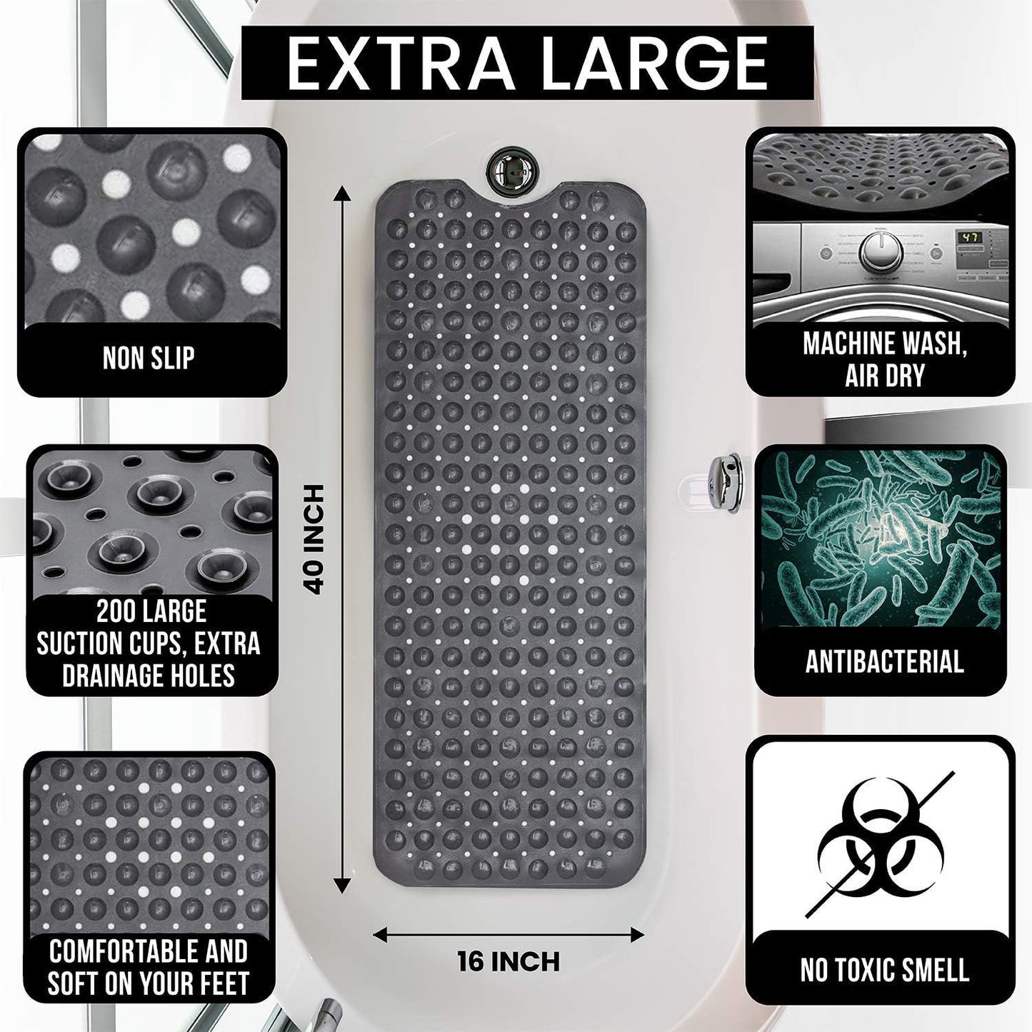 ENKOSI Bath Mat - Large Non Slip Bathtub & Shower Mat - Extra Long 40 x 16 Inch Bathroom Mats for