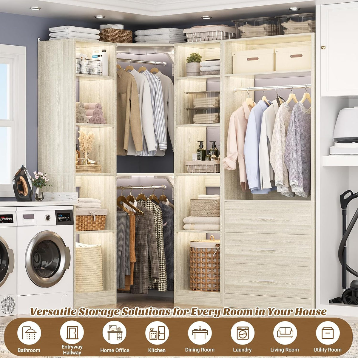 Corner Closet System with 3 Drawers, Corner Closet Organizer System with 13 Shelves & 3 Hanging