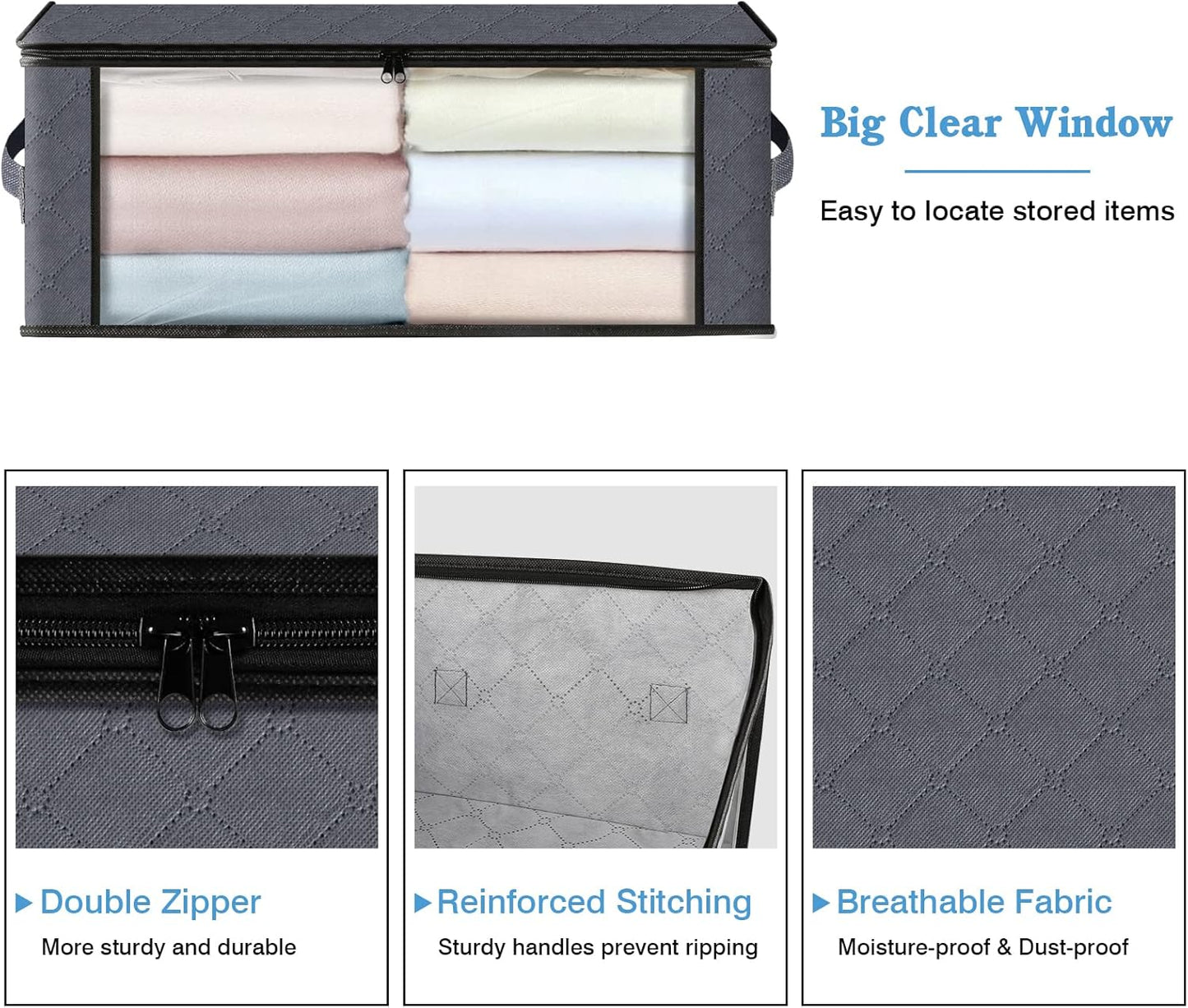 HomeHacks Storage 3-Pack Clothes Organizer Storage Bags Foldable Storage Box with Large Clear