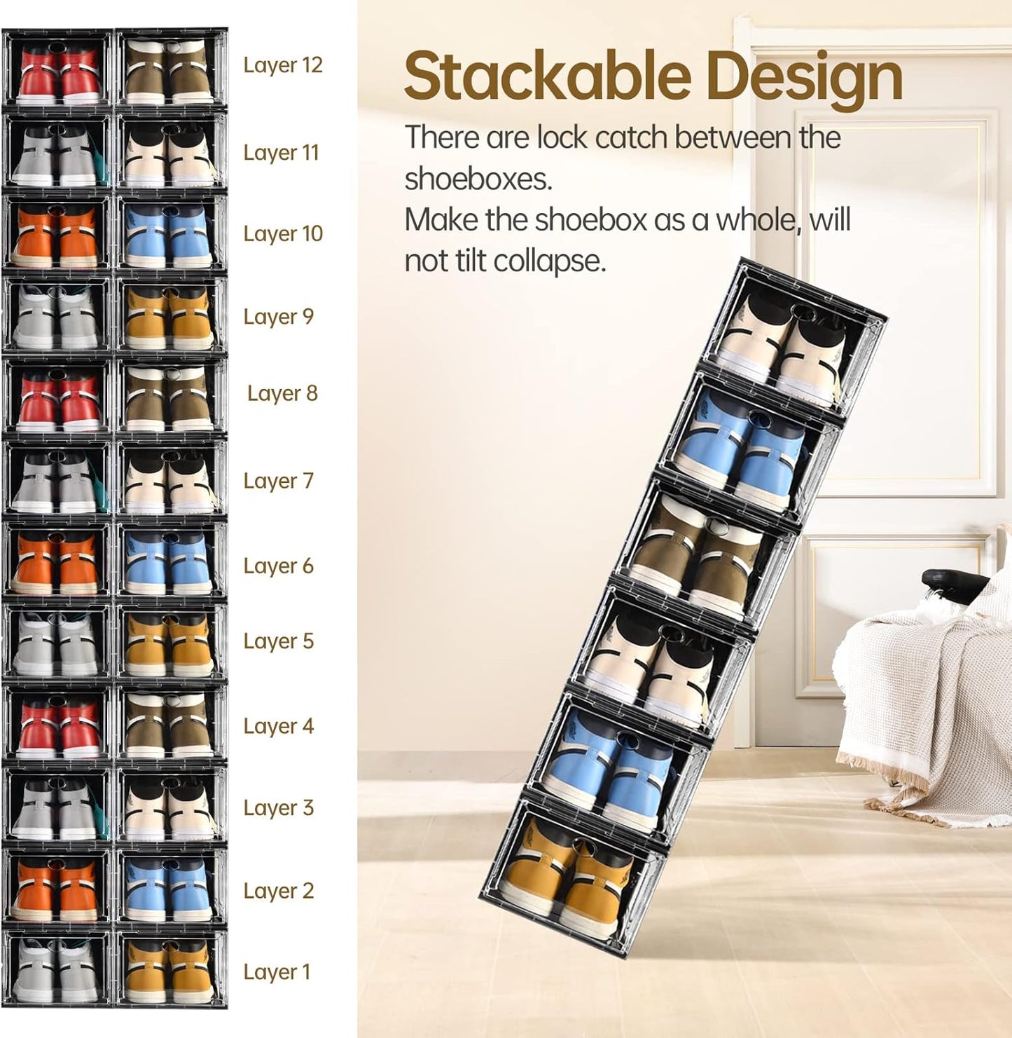 10 Pack Shoe Boxes Stackable,Upgraded Sturdy Storage Boxes with Clear Magnetic Door,Multifunctional