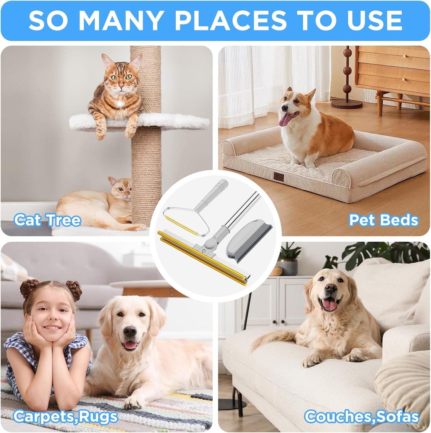3 in 1 Carpet Rake for Pet Hair Removal, Tool Set of 3, 55” Long Handle Carpet Pet Hair Removal