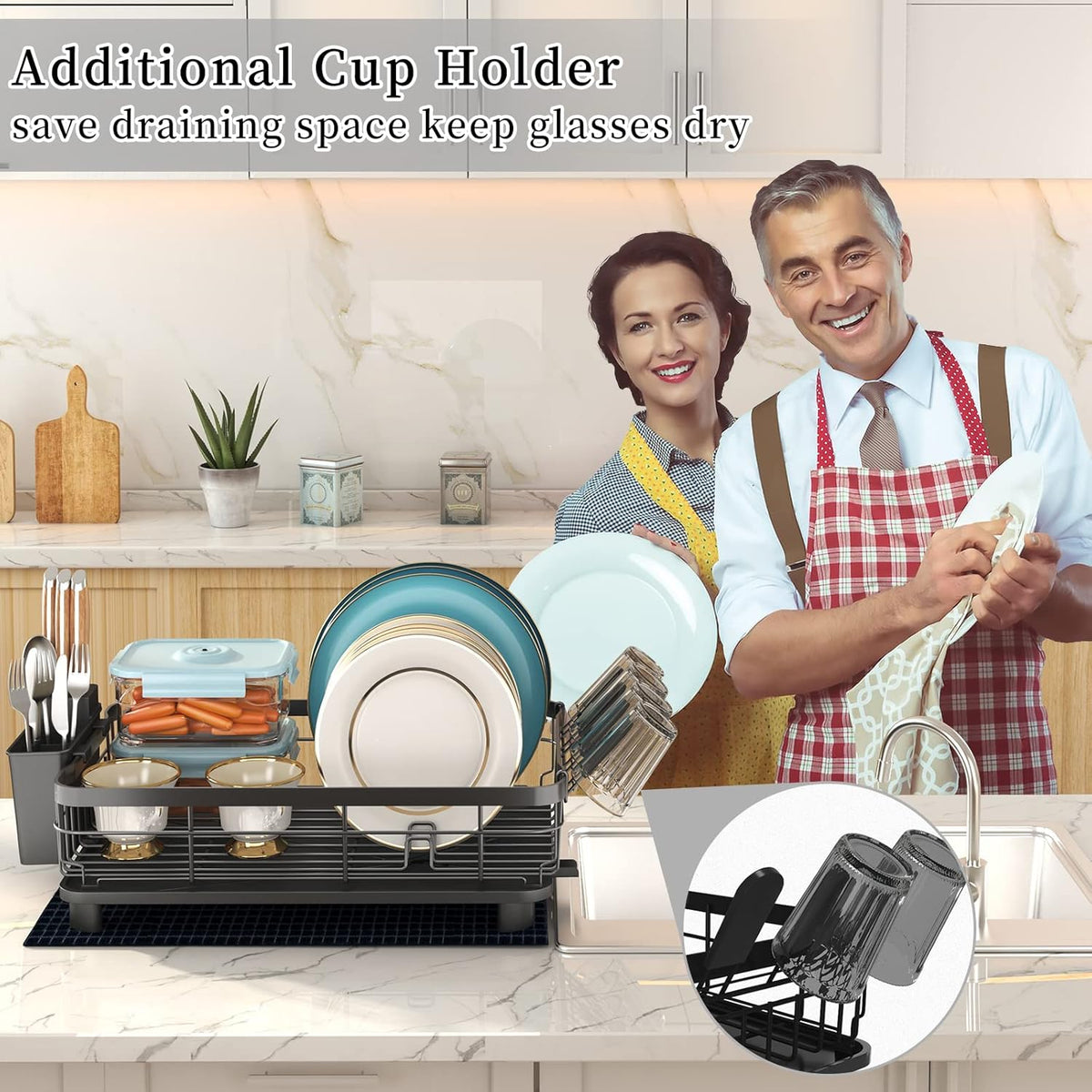 Godboat Dish Drying Rack, Dish Rack with Auto-Drain & Mat, Dish Drainers for Kitchen Counter, Glass