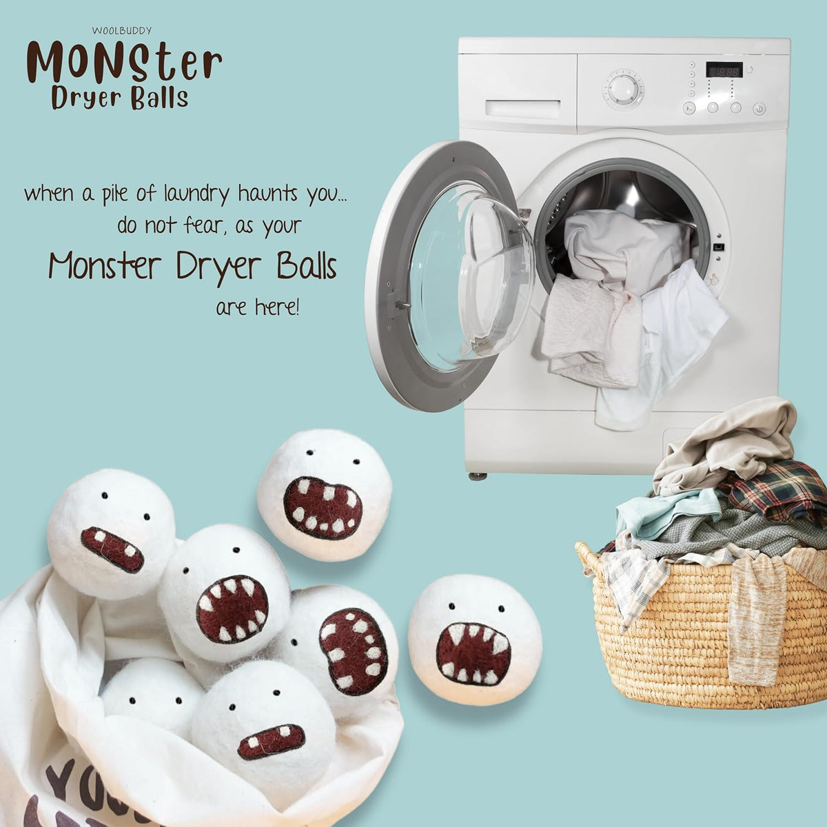 Woolbuddy Dryer Balls, 6-Pack Reusable Wool Laundry Accessories, Monster Design for Pet Hair