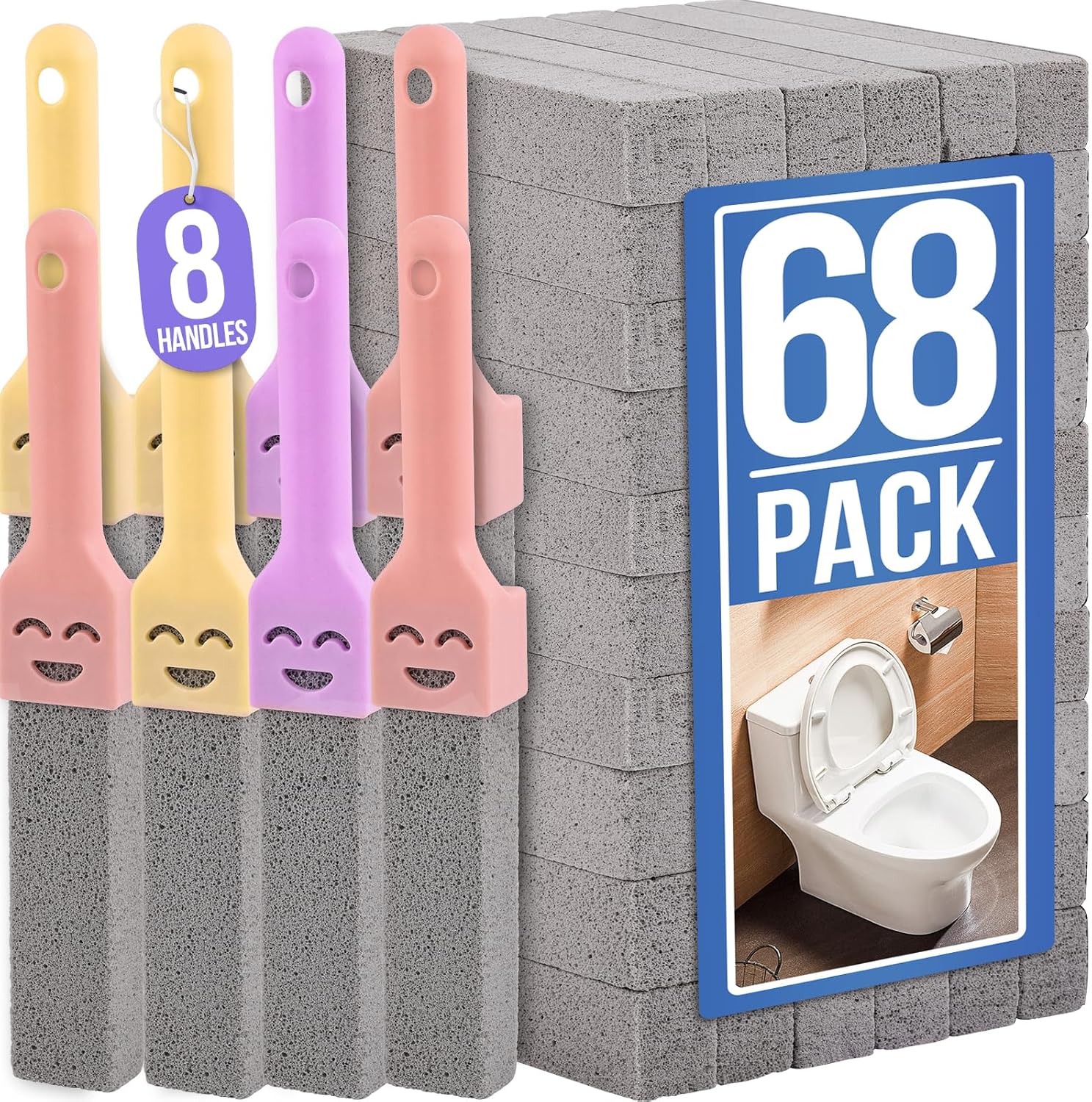 Navona 68 Pack Pumice Stone Scouring Sticks with 8 Universal Handles, Grey Pumice Cleaner for