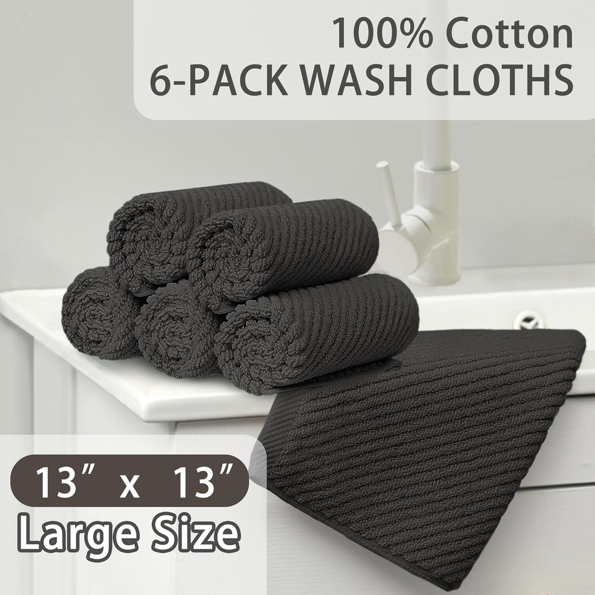 VOOVA & MOVAS Grey Washcloths (6PC, 13"x13") - 100% Cotton | Thick | Quick Dry | Light Weight, 6