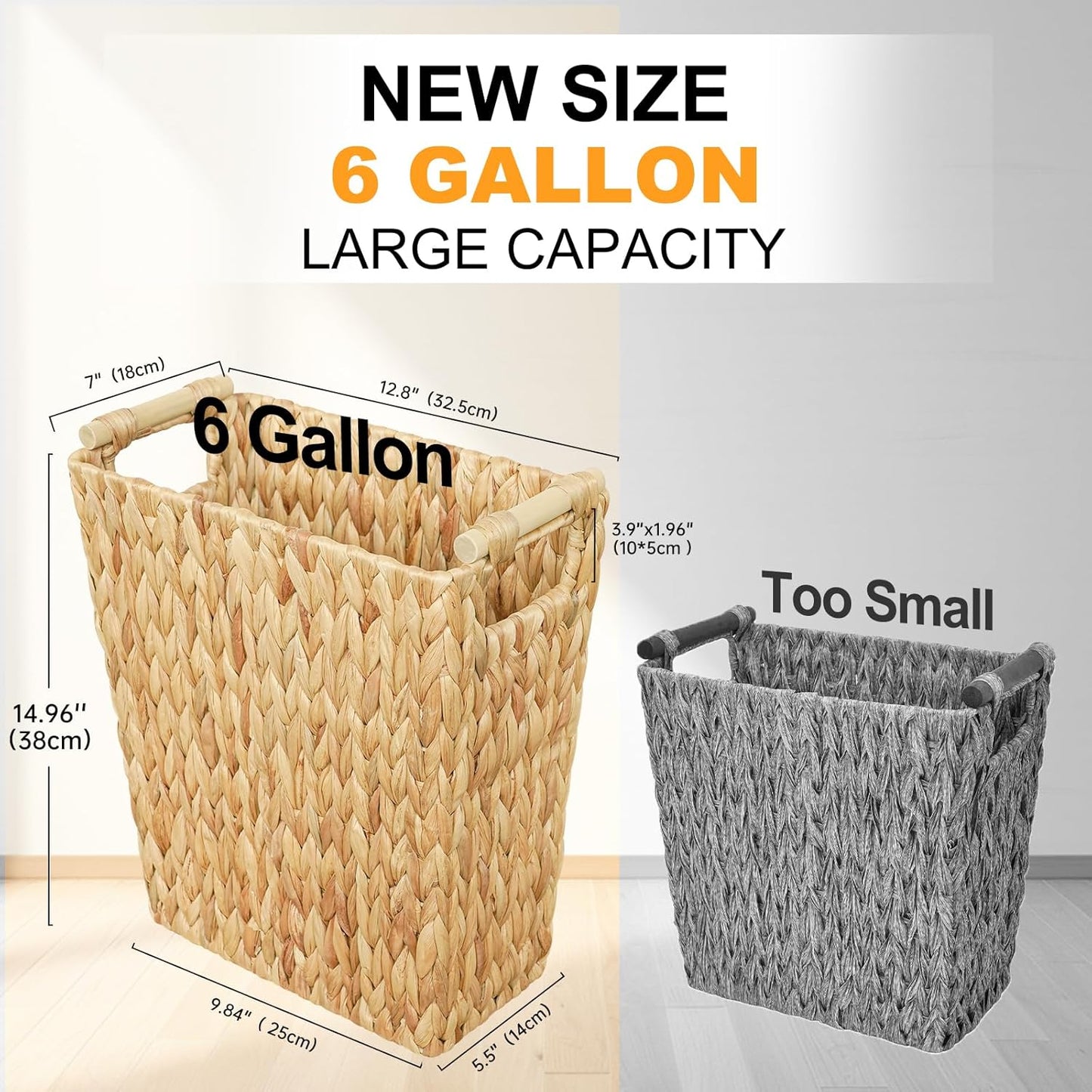 6 Gallon Wicker Trash Can with Wooden Handle,Wicker Waste Basket for Bathroom,Bedroom,Large Narrow