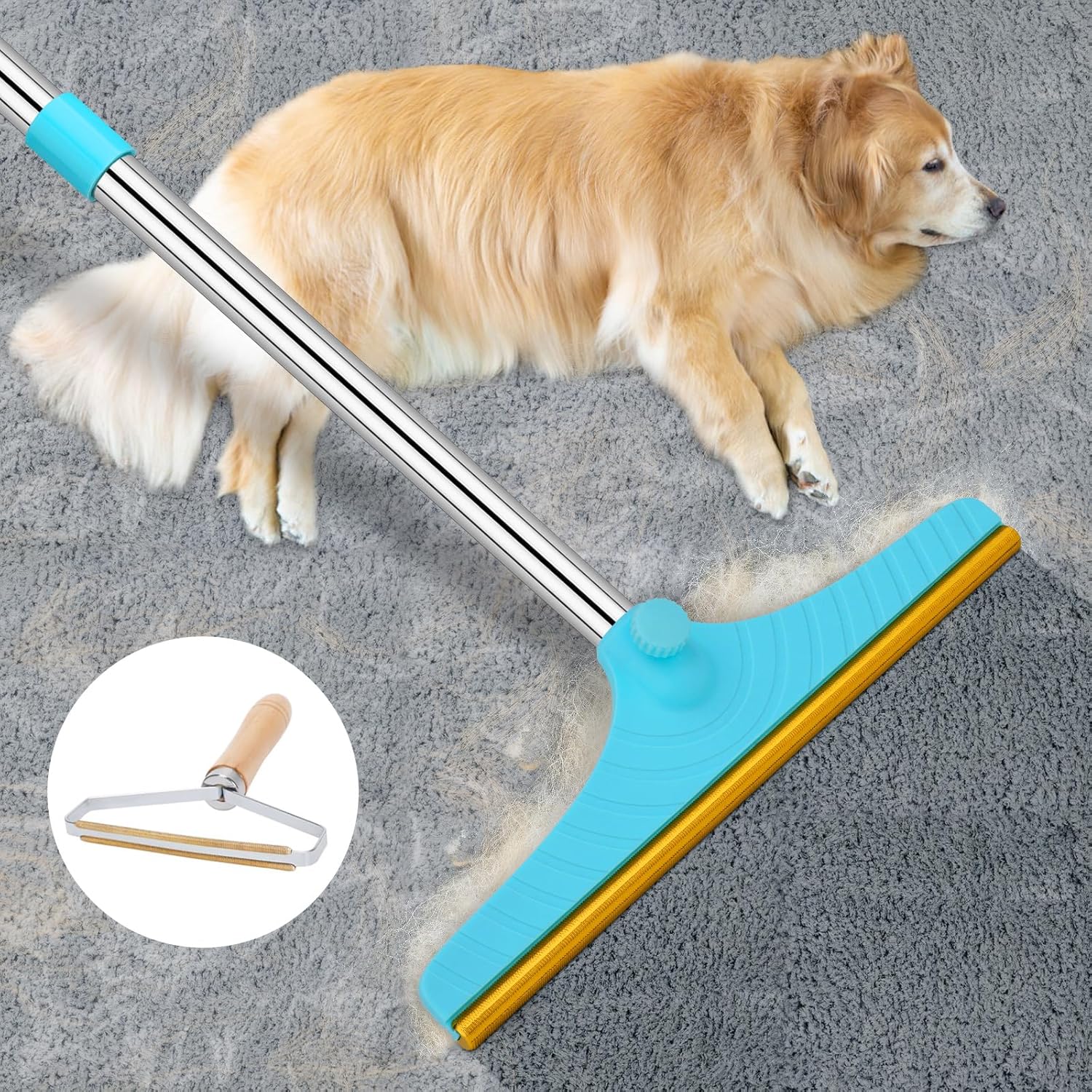 Carpet Rake for Pet Hair Removal - Reusable Pet Hair Remover, 60” Adjustable Long Handle Cat Dog