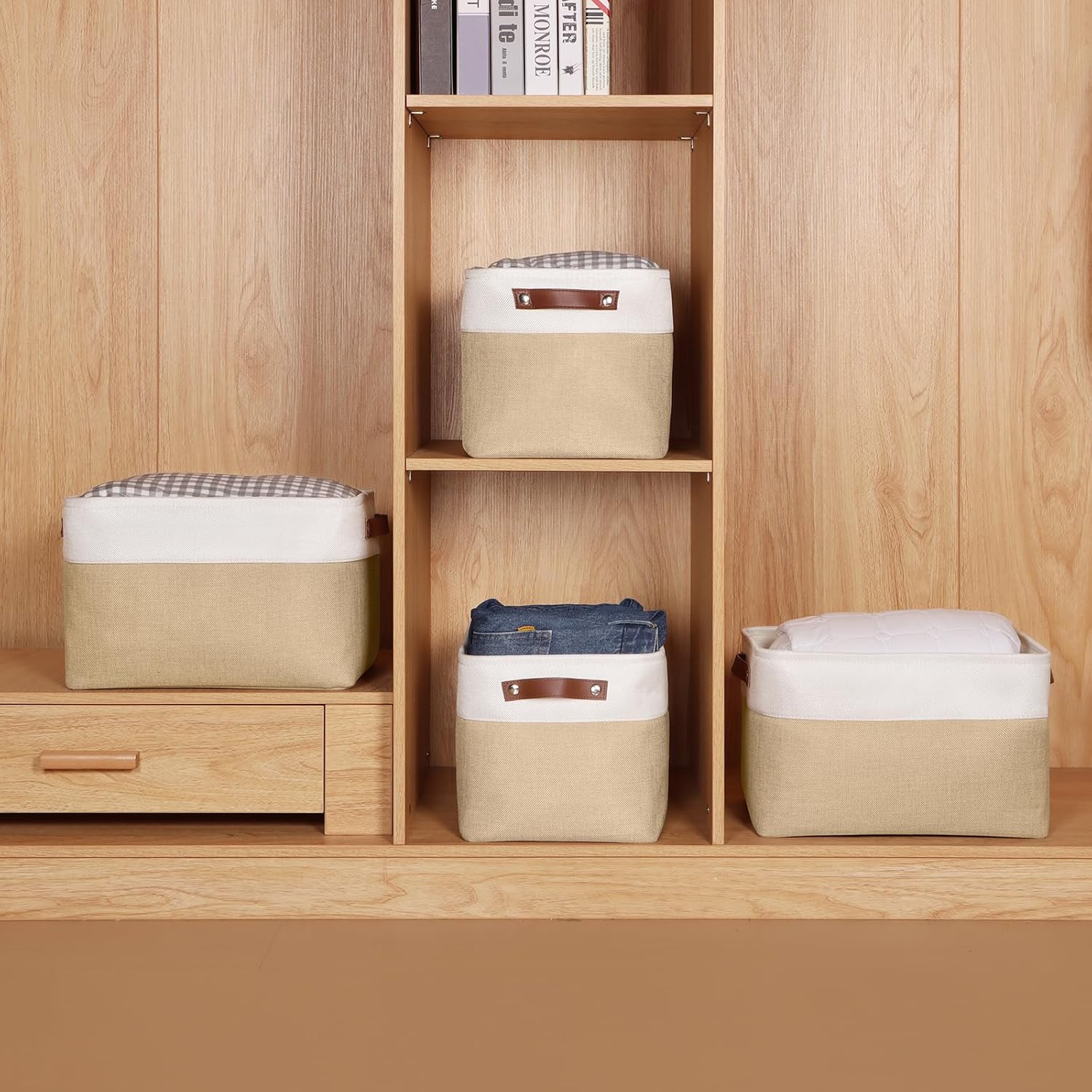 Univivi 15 inch Storage Baskets for Shelves with Handles Hard Bottom Closet Organizer Fabric Bins