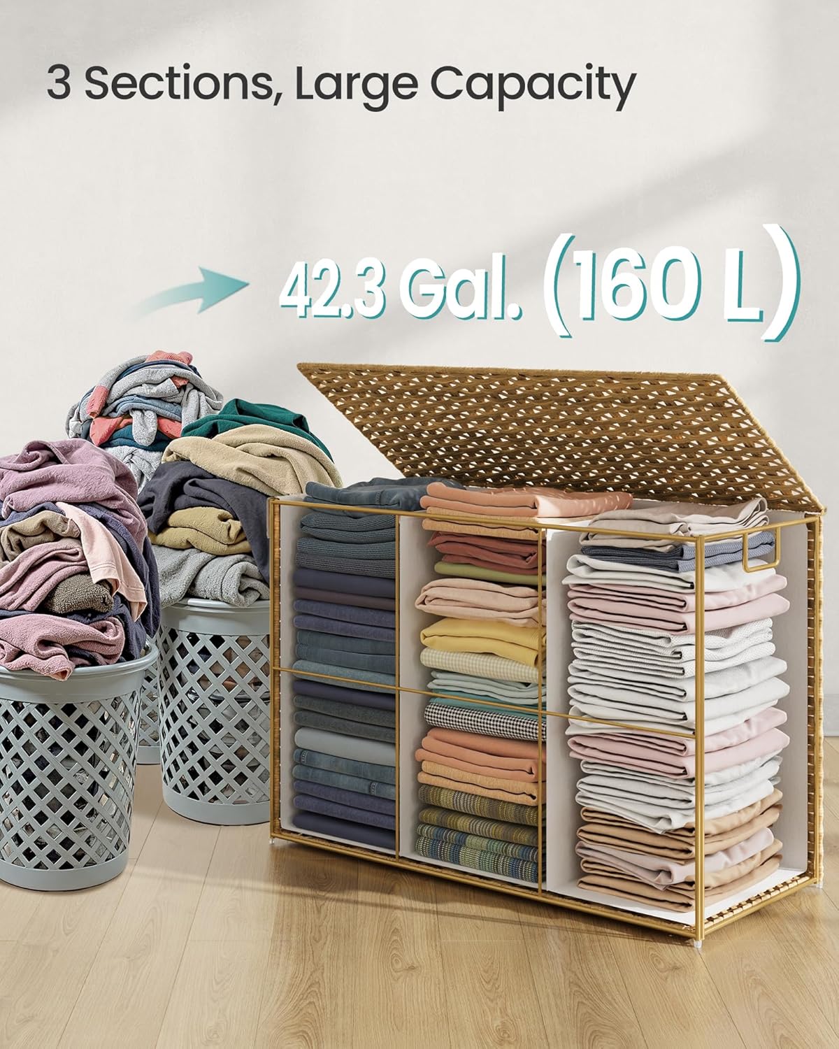 SONGMICS Laundry Hamper with Lid, 160 L Clothes Hamper with 2 Removable Liner Bags, 6 Mesh Bags