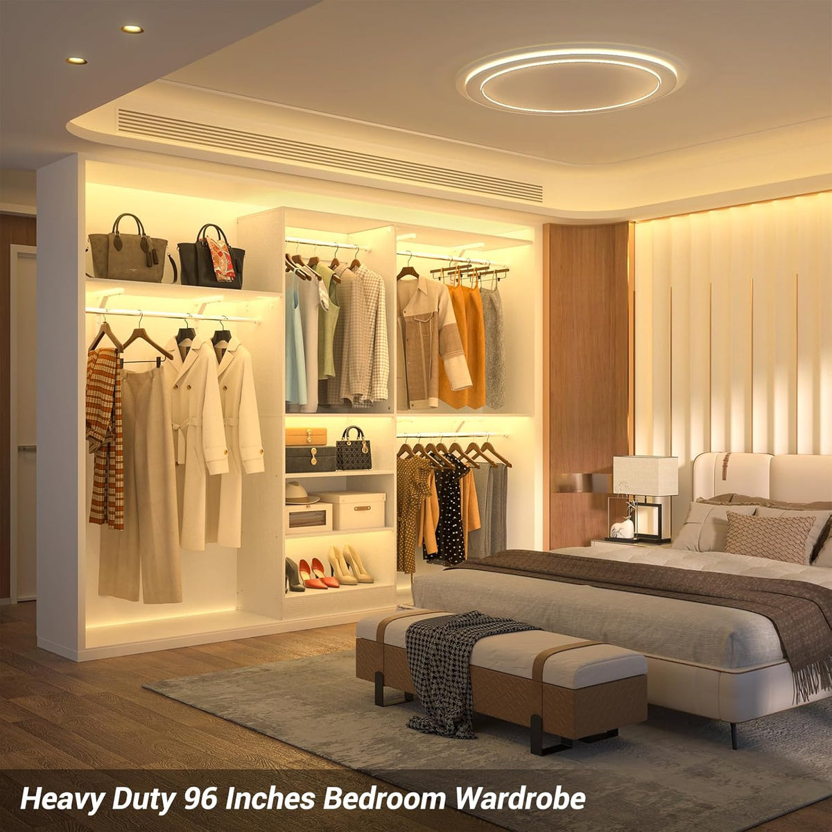 8FT Closet System with Shelves, 96'' Closet Organizer System with 3 Hanging Rods, Wall Mount