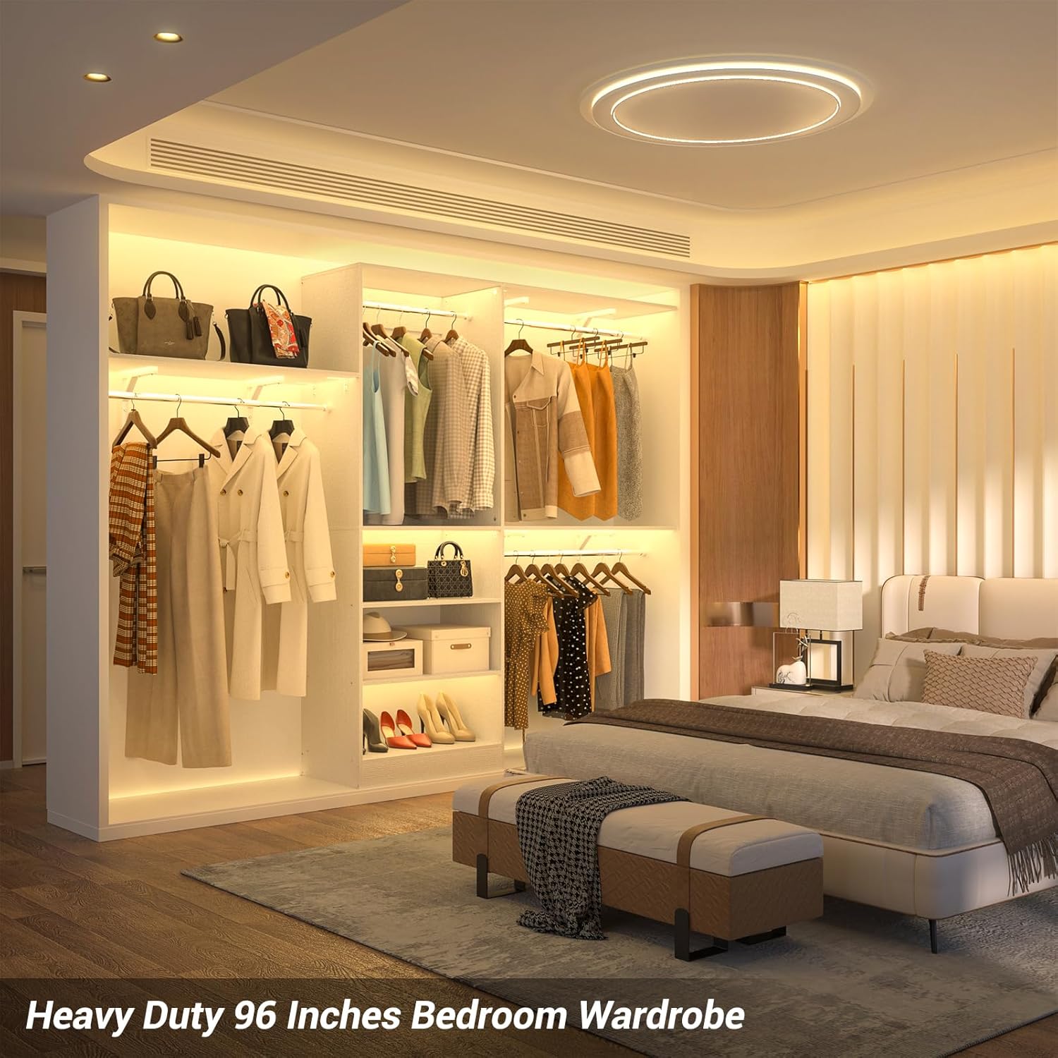8FT Closet System with Shelves, 96'' Closet Organizer System with 3 Hanging Rods, Wall Mount