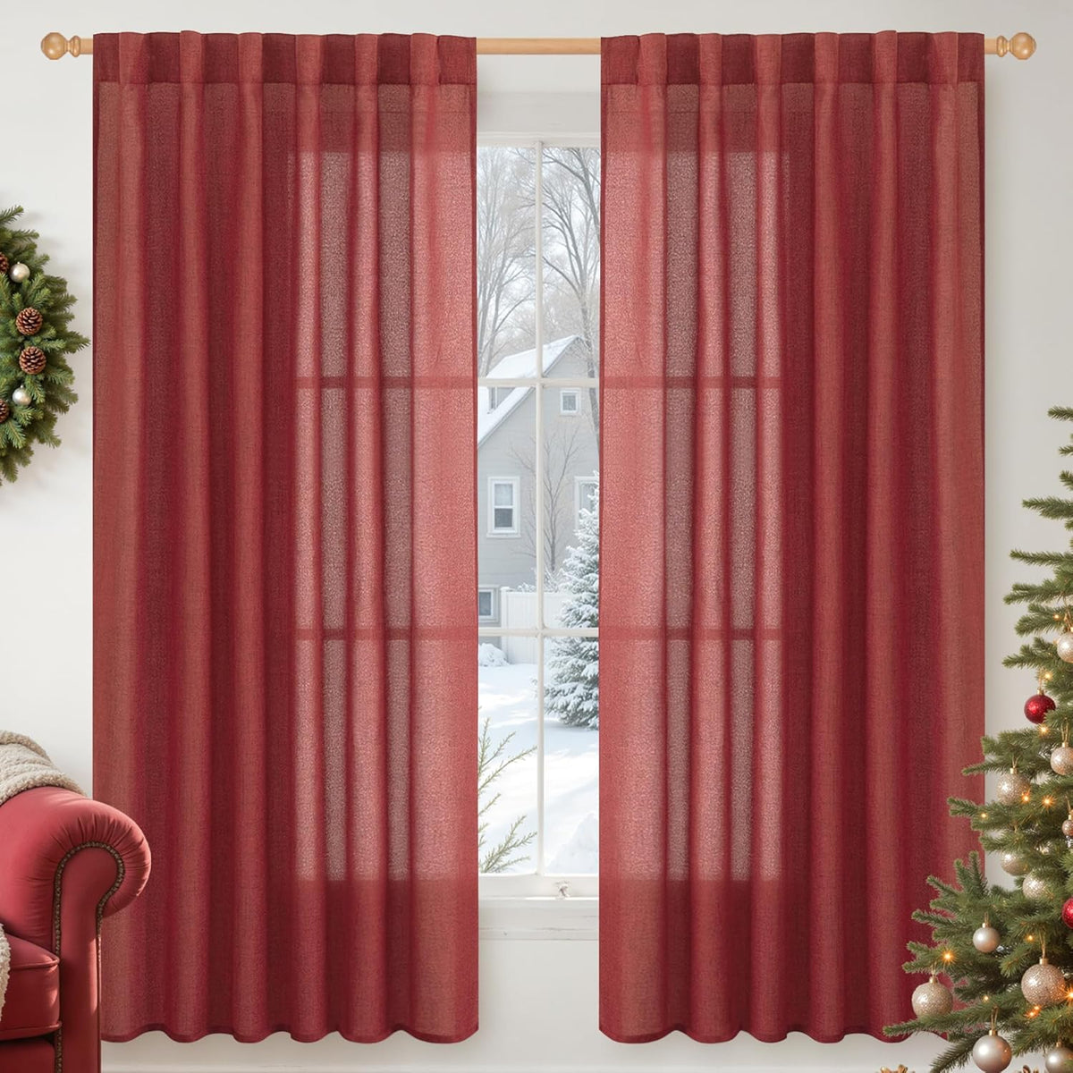 YoungsTex Red Linen Curtains 63 Inch Length 2 Panels for Living Room - Christmas Semi Sheer Window