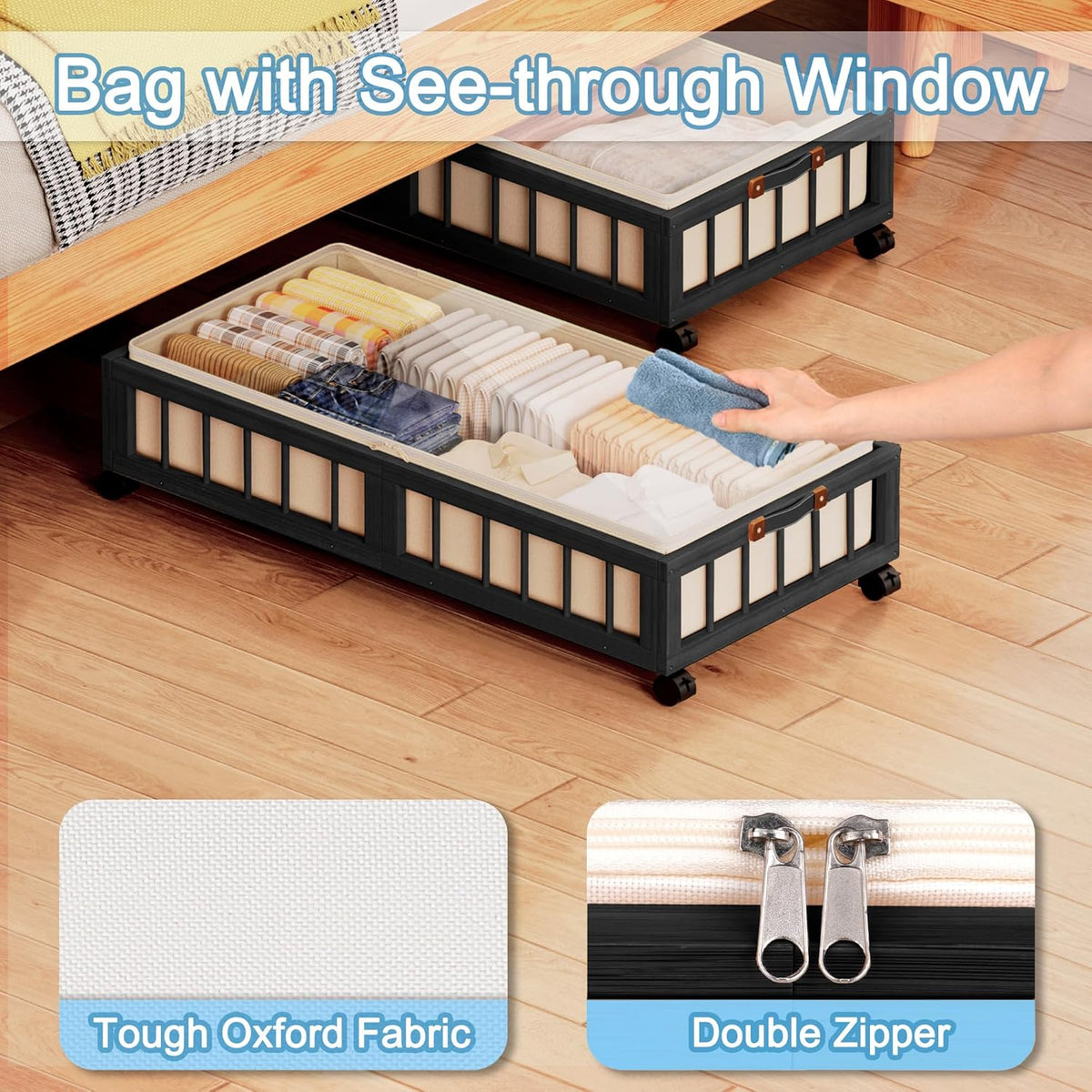 efluky 2-Pack Bamboo Under Bed Storage with Wheels, Rolling UnderBed Storage Basket with Large Dust