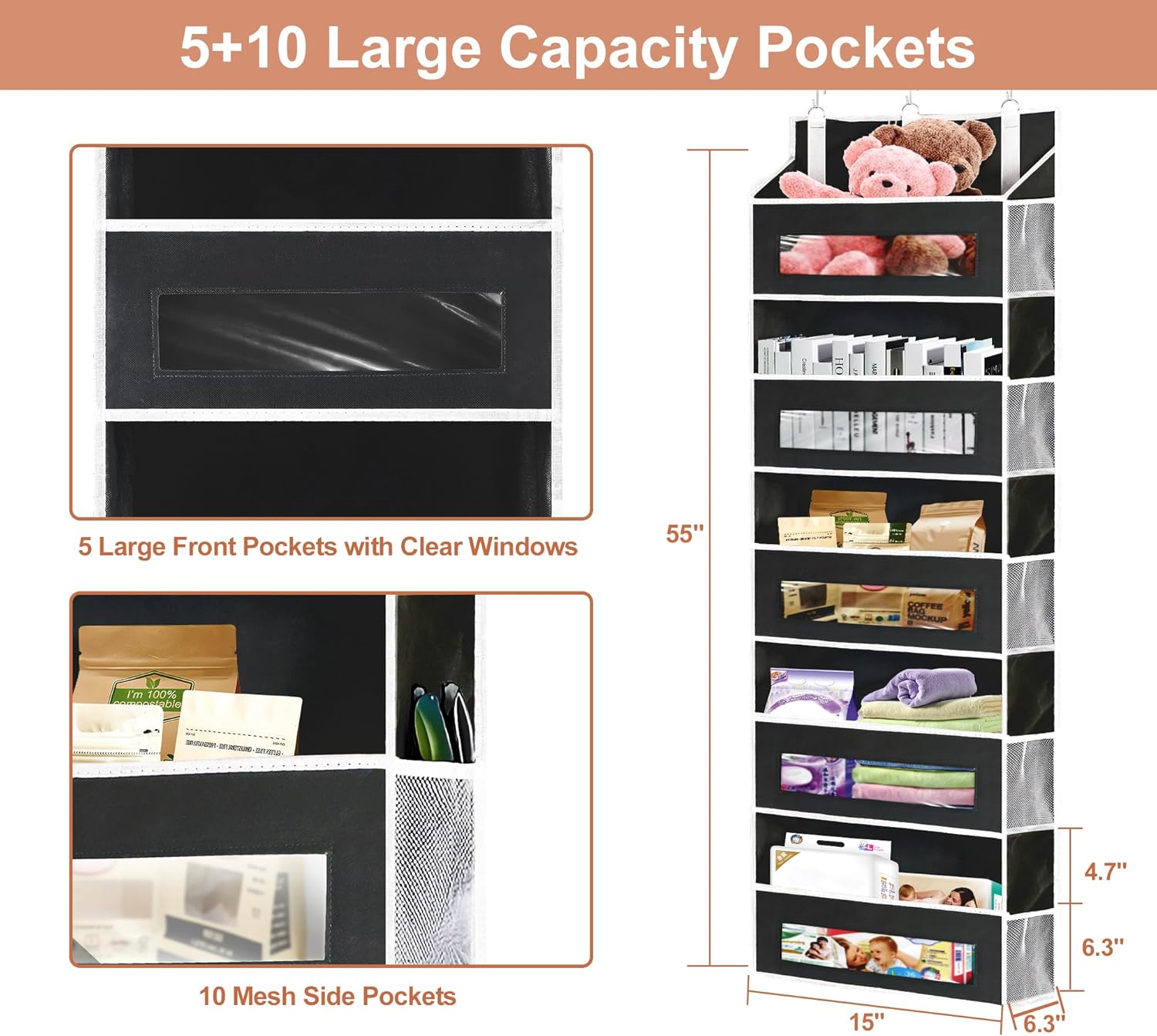 5-Tier Over The Door Storage Organizer with 10 Side Mesh Pockets, 48 lbs Load Capacity, 3 Hooks