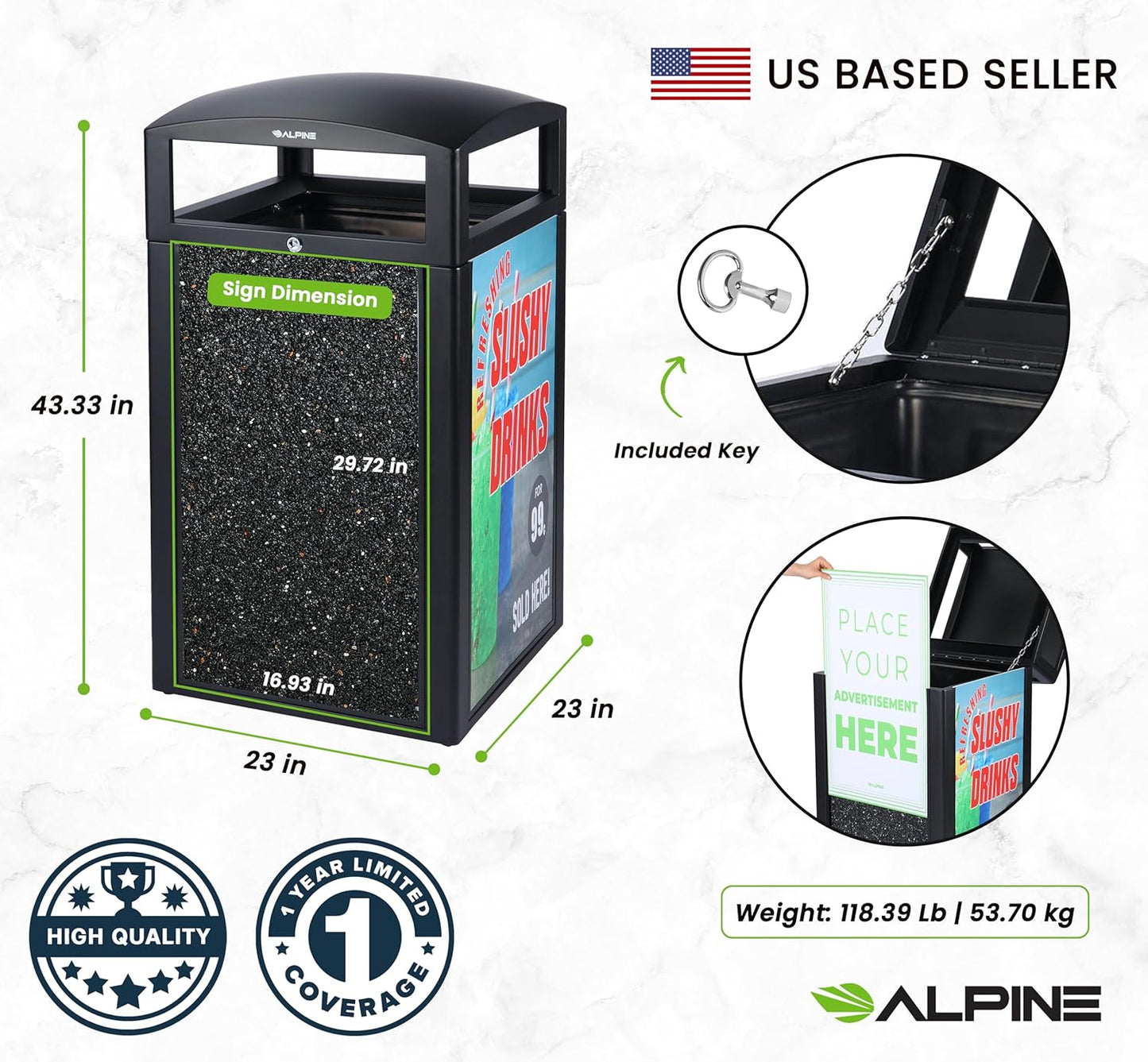 Alpine Outdoor Commercial Trash Can with Lid - 40 Gallon Heavy Duty Metal Garbage Can with