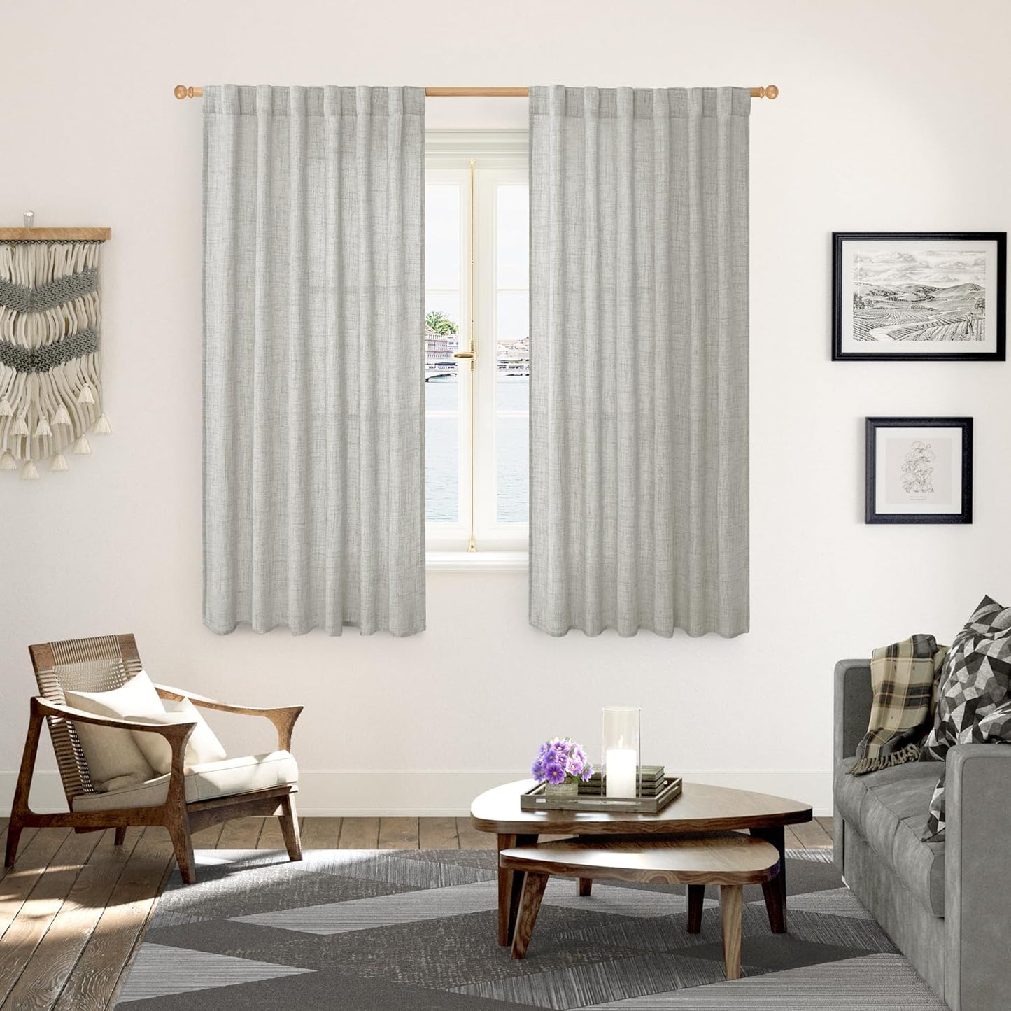 YoungsTex Light Grey Linen Curtains 63 Inches Length 2 Panels for Living Room - Textured Semi Sheer