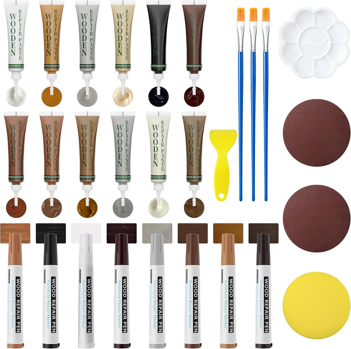 Wood Furniture Repair Kit: 12-Color Filler and 8-Color Markers - Wood Touch Up for