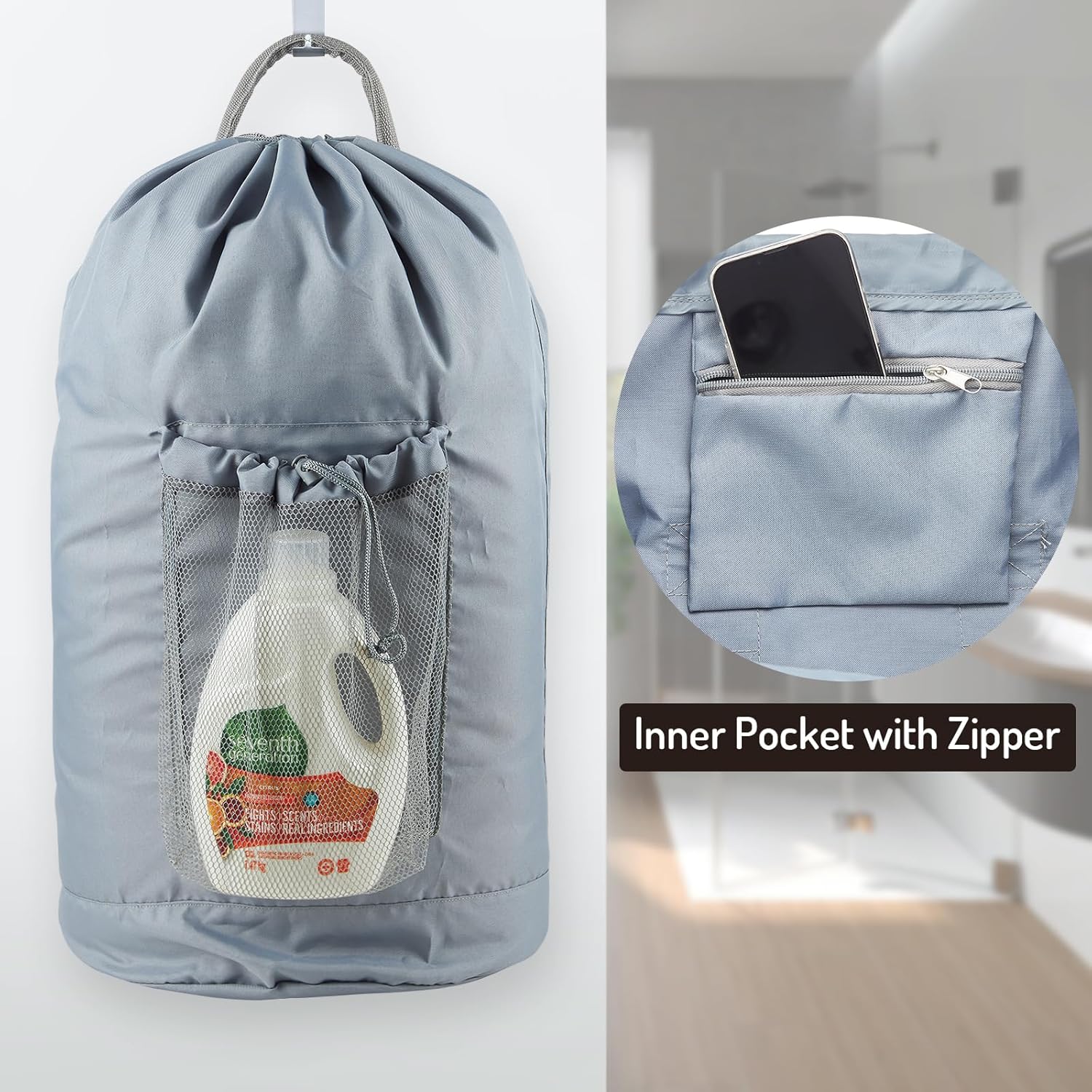 Backpack Laundry Bag, Large Laundry Backpack with Detergent Holder and Adjustable Shoulder Straps