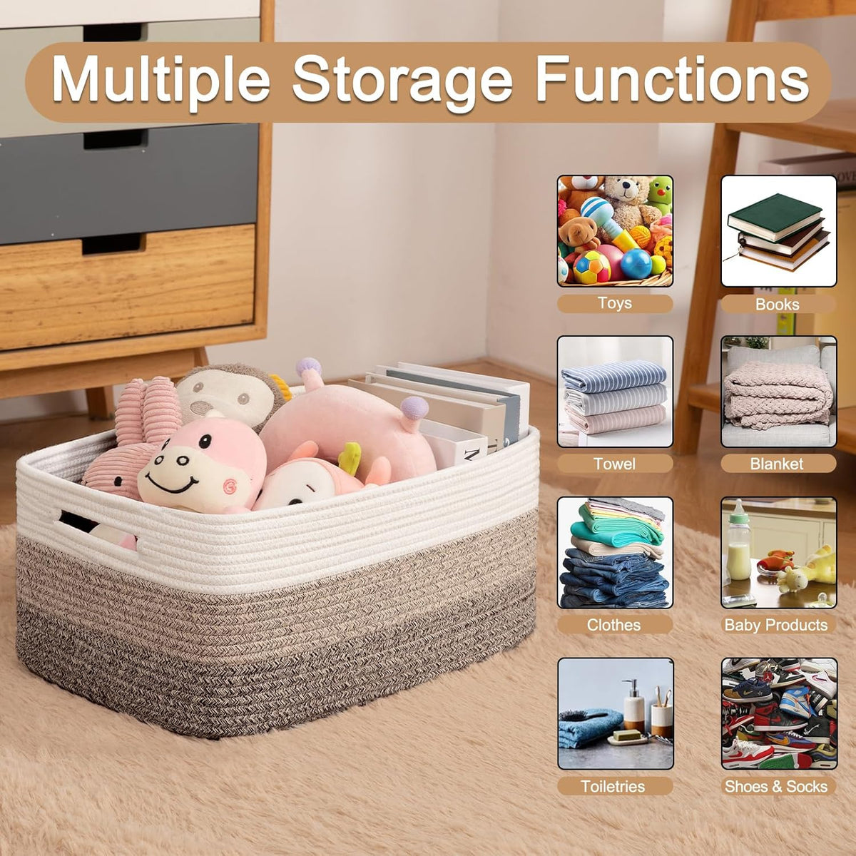 Large Storage Basket for Organizing, Woven Rope Basket for Shelves, Closet Organizer Bins for