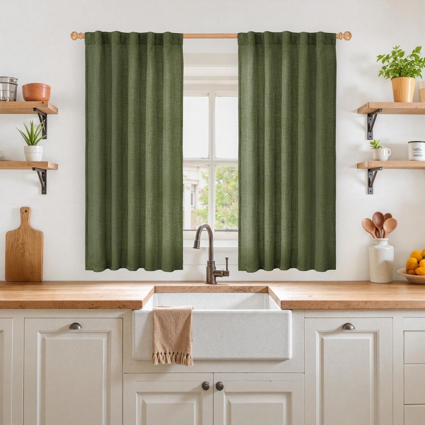 YoungsTex Olive Green Linen Curtains 48 Inch Length for Kitchen, Semi Sheer Small Window Drapes