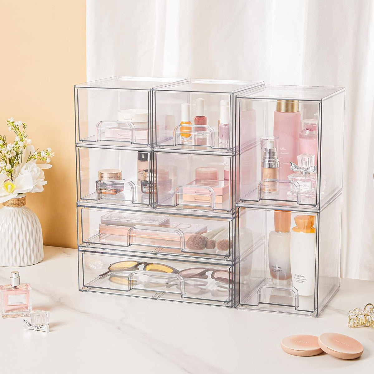 Vtopmart Stackable Storage Drawers Set of 8, Clear Plastic Organizer Bins for Bathroom