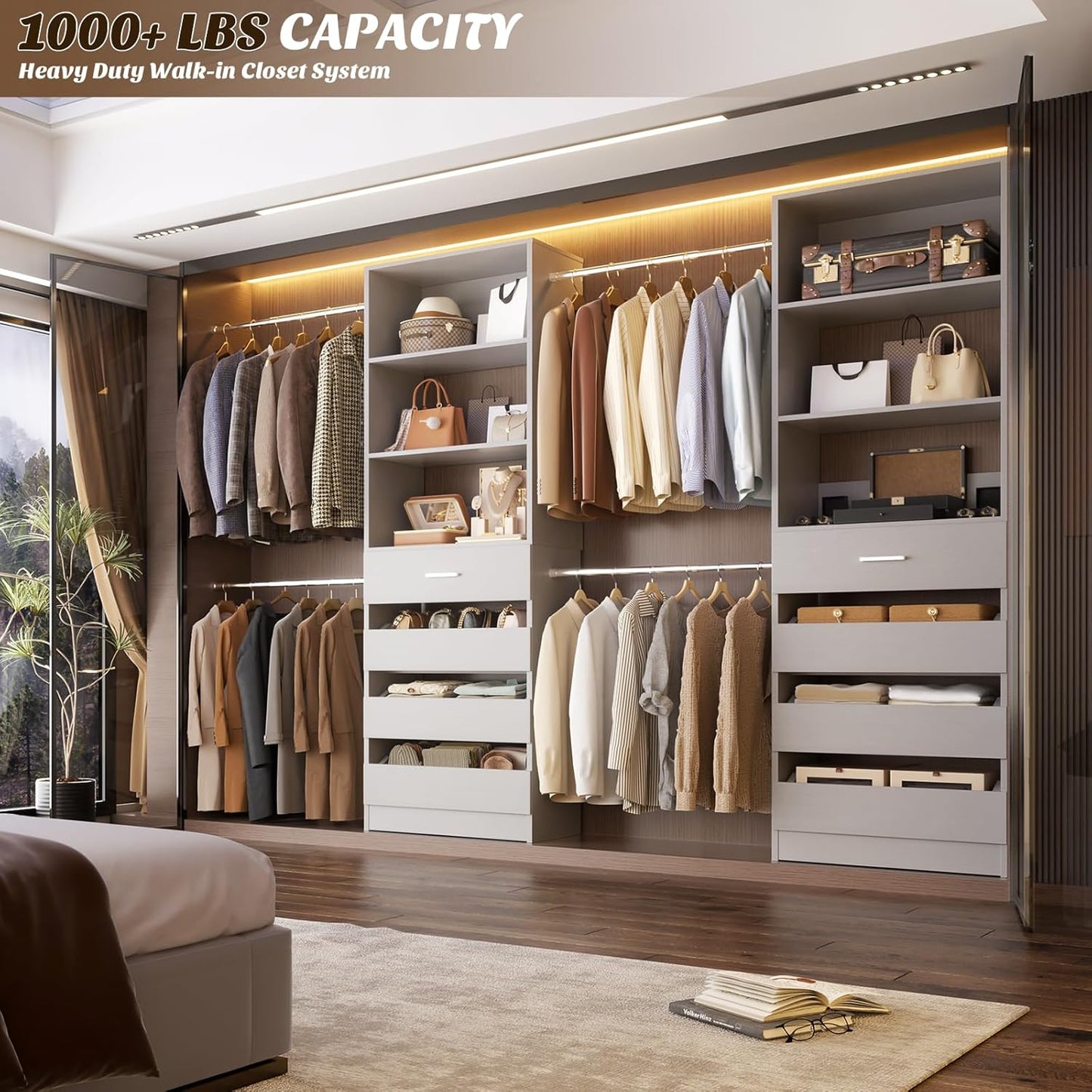 Aheaplus Closet System, 4-9Ft Closet Organizer with 4 Wooden Drawers, Wood Closet Organizer System