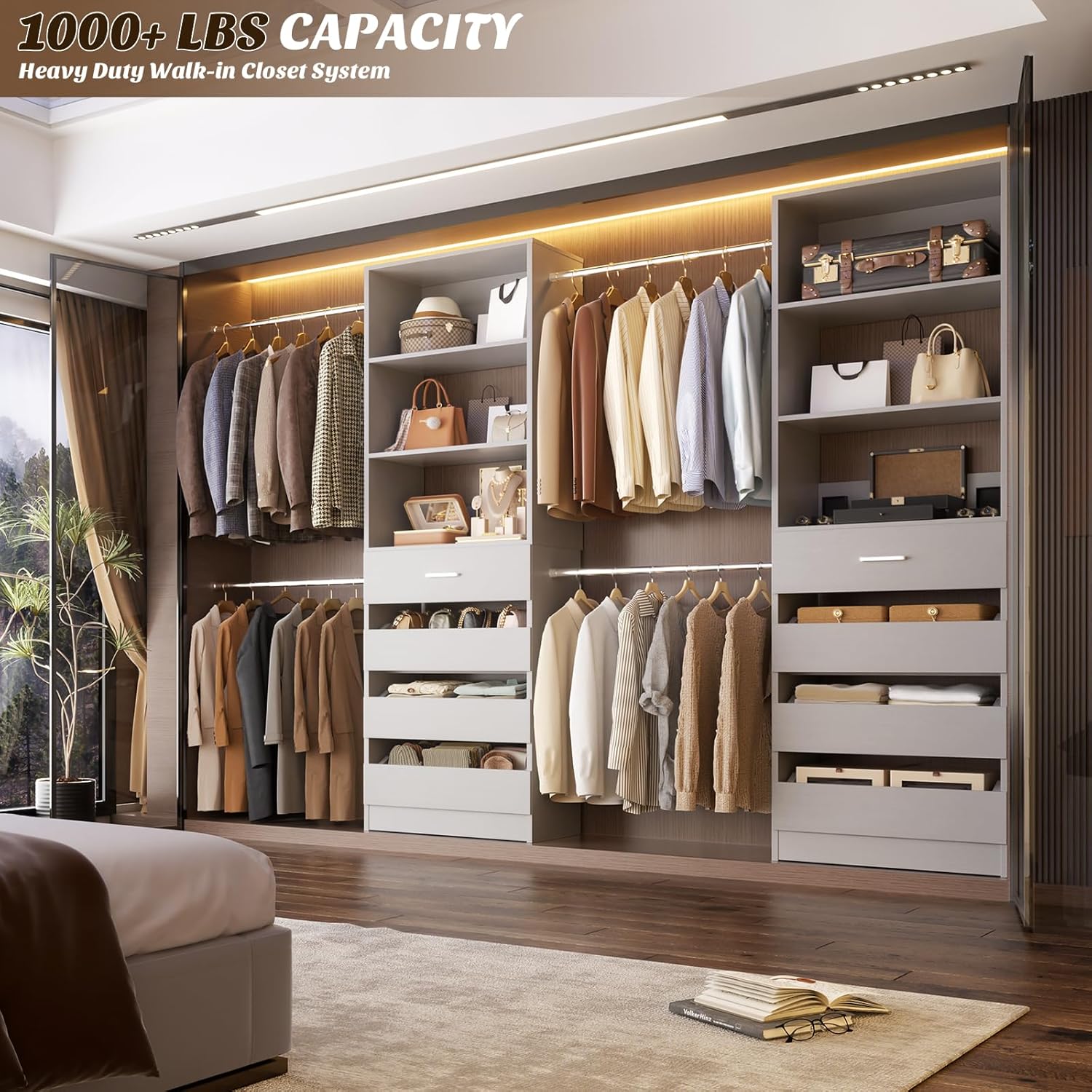 Aheaplus Closet System, 4-9Ft Closet Organizer with 4 Wooden Drawers, Wood Closet Organizer System