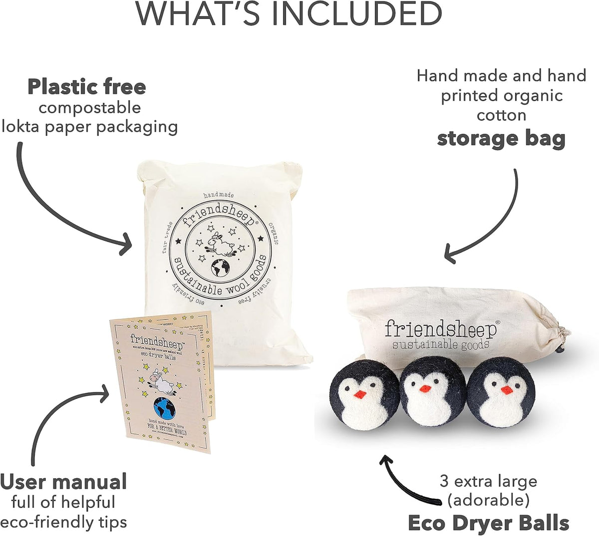 Friendsheep Wool Dryer Balls, Organic Reusable Fabric Softener Alternative for Laundry, Handmade