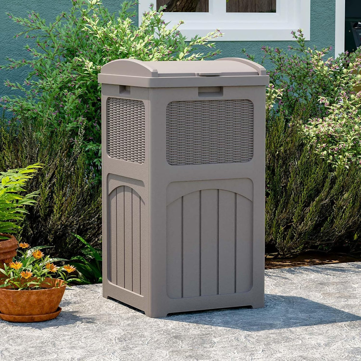 Patiowell 36 Gallon Outdoor Trash Can, Resin Outdoor Garbage Can with Lid for Patio, Backyard