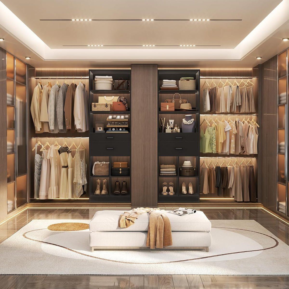 Closet System, 4-8 FT Closet Organizer Tower with 2 Wooden Drawers and Shelves, Can Fit 60 to 96