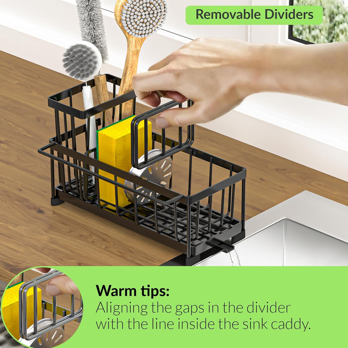 Self-Draining Kitchen Sink Caddy with Elevated Brush Holder – Rustproof Stainless Steel