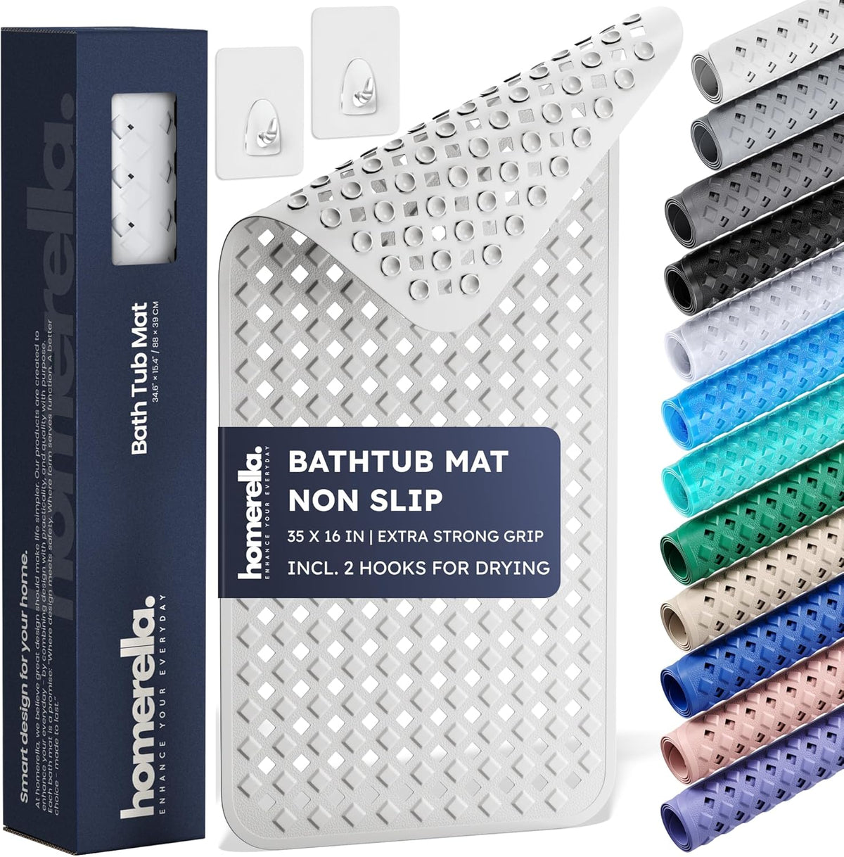 homerella® Bathtub Mat Non Slip 35x16, Incl. Hooks for Drying, Extra Long, 100% BPA Free, Shower