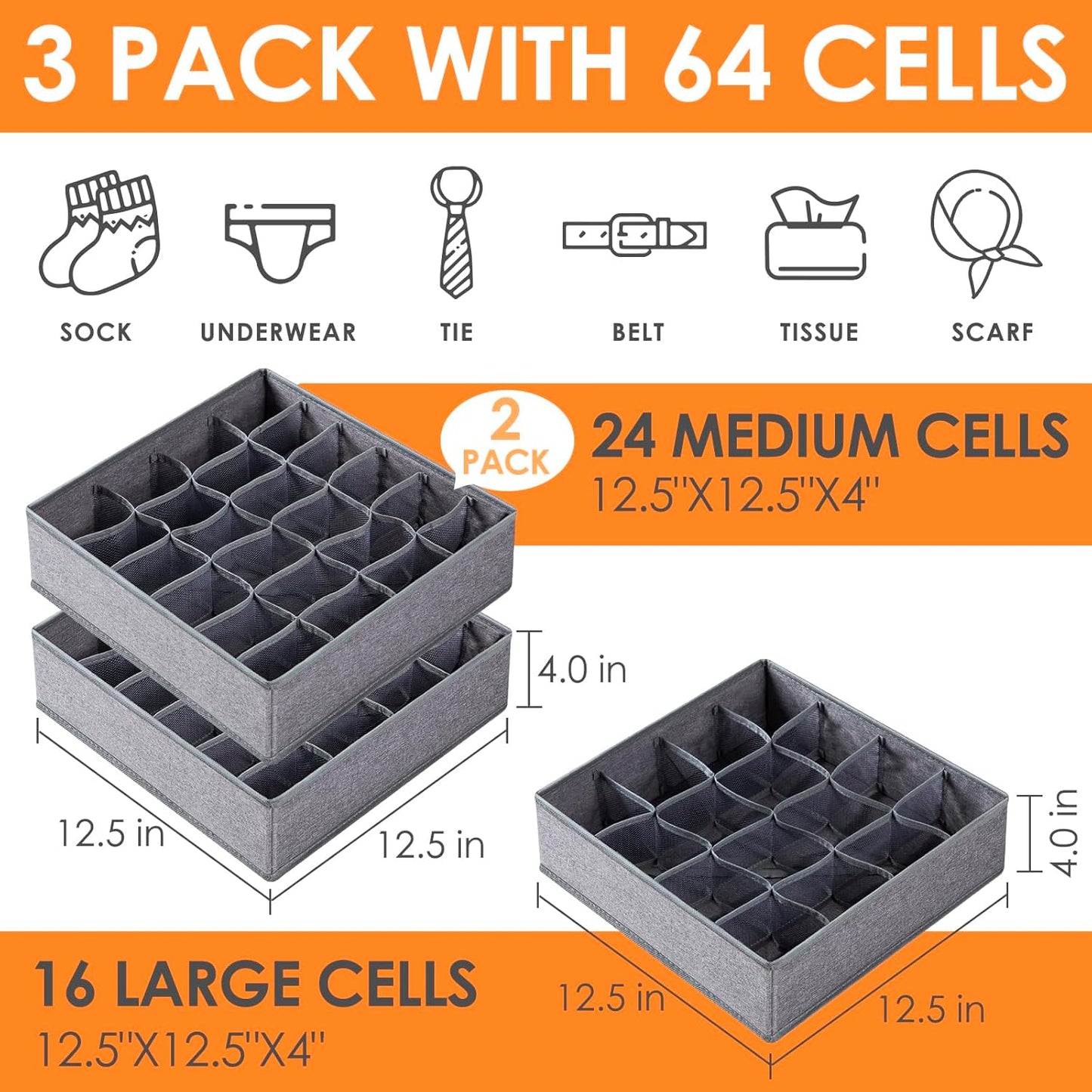 Criusia 3 Pack Sock Underwear Drawer Organizer Dividers, 64 Cell Fabric Foldable Dresser Organizer