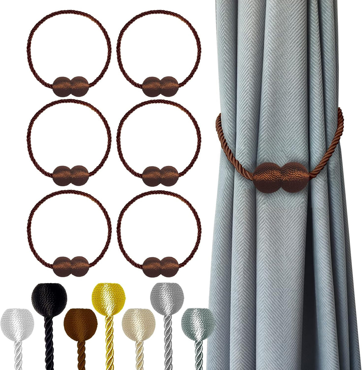 Hion Magnetic Curtain Tiebacks Dark Brown 6 Pack, Curtain Tiebacks Buckles Holdbacks Holders Hooks