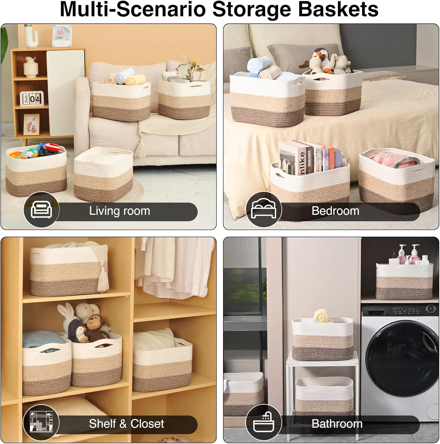 Storage Baskets for Organizing & Shelves, Woven Cotton Rope Organization Bins for Dog Toys
